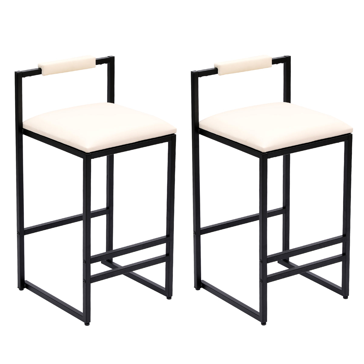 Vegan Leather Counter Stool Set of 2, Cream with Black Metal Frame