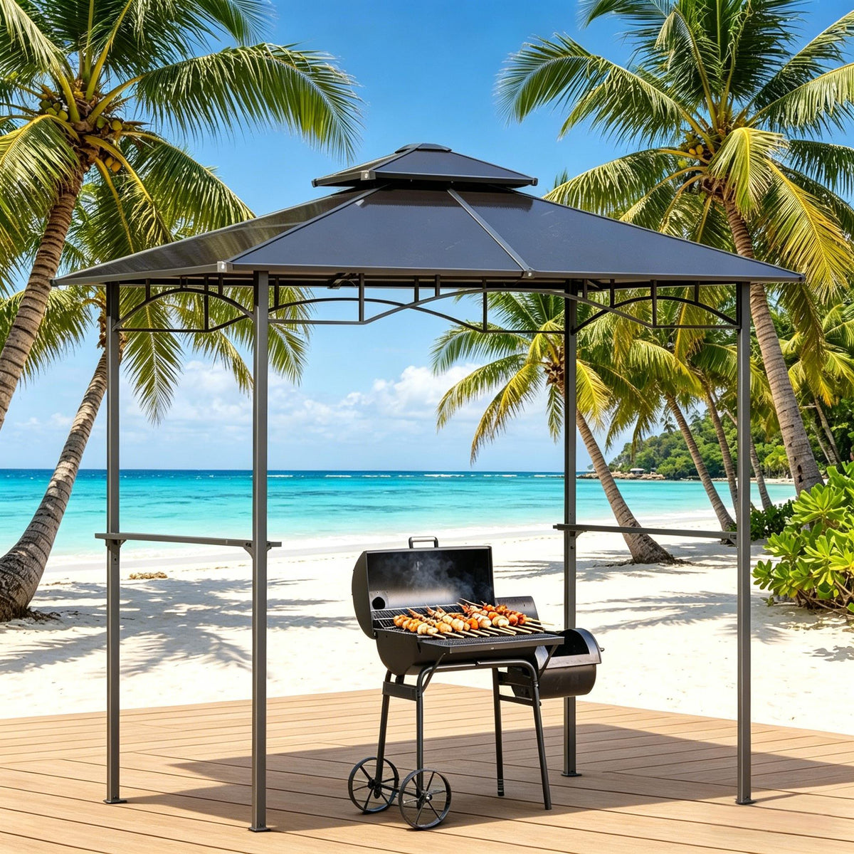 Brown Metal Gazebo with Side Shelves