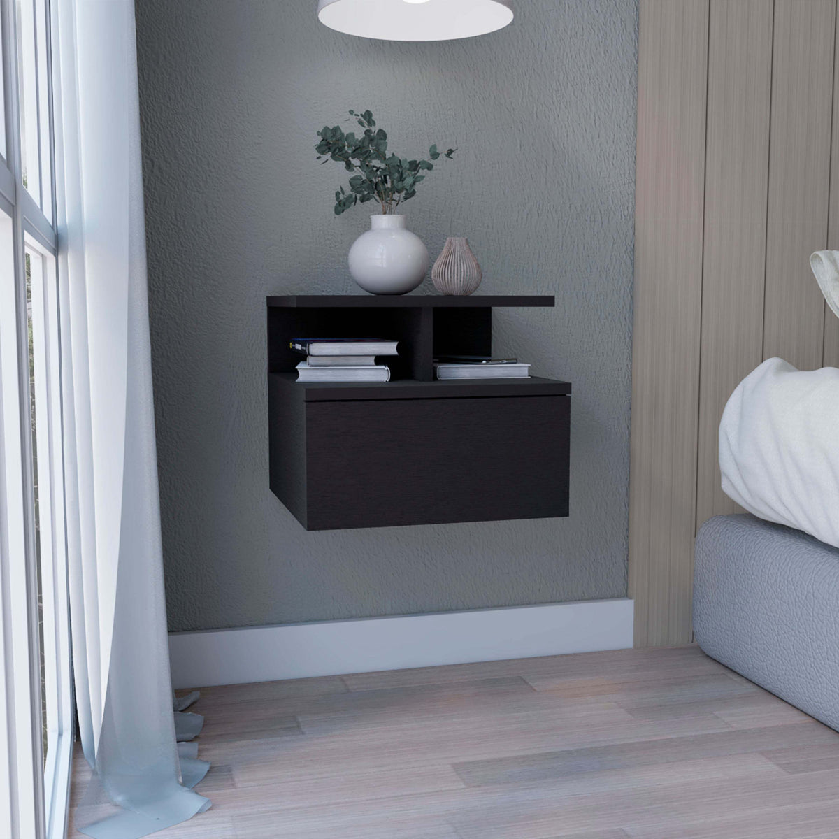 Floating Nightstand with 2-Tier Shelf and Drawer, Black