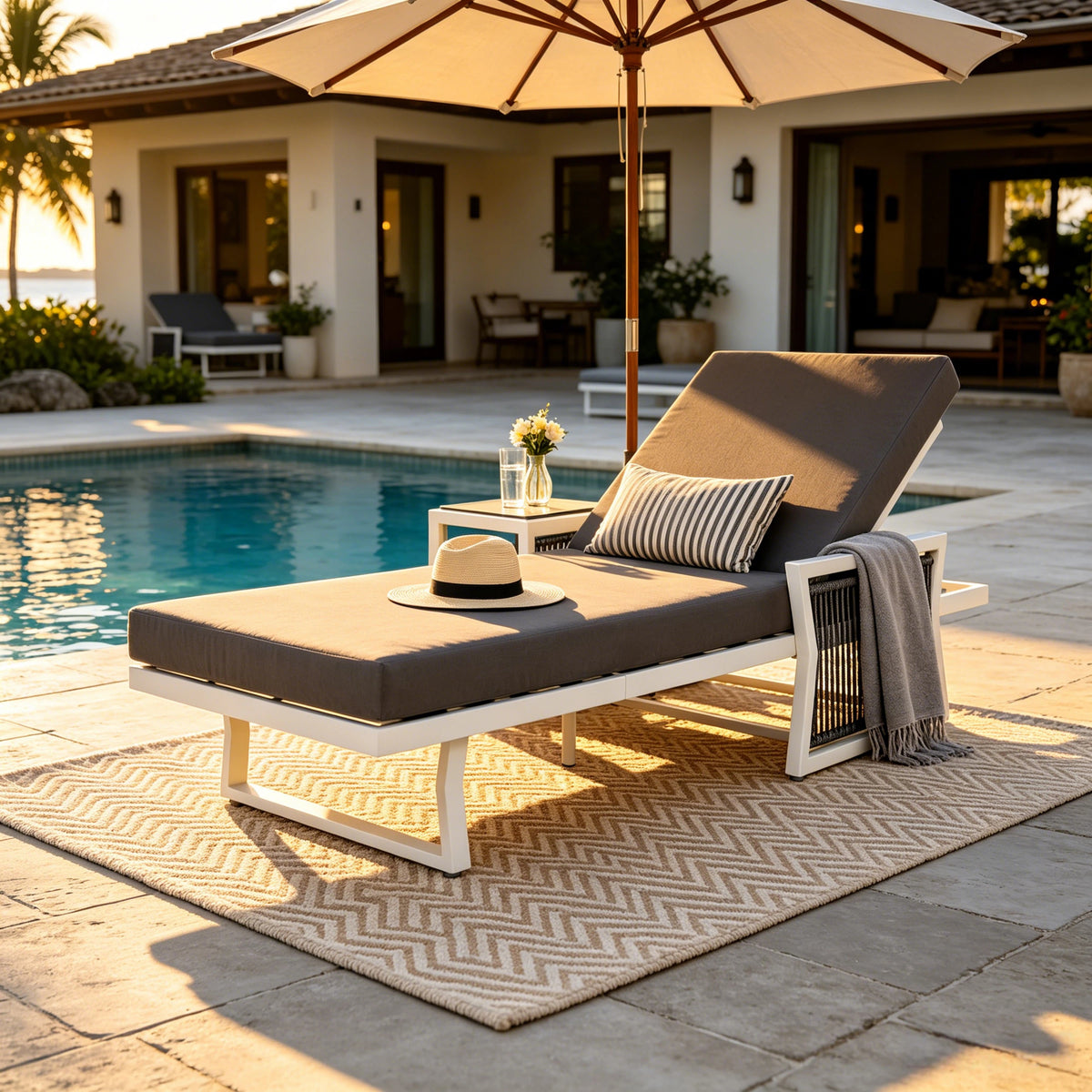 White Adjustable Outdoor Chaise Lounge, Dark Gray Cushion