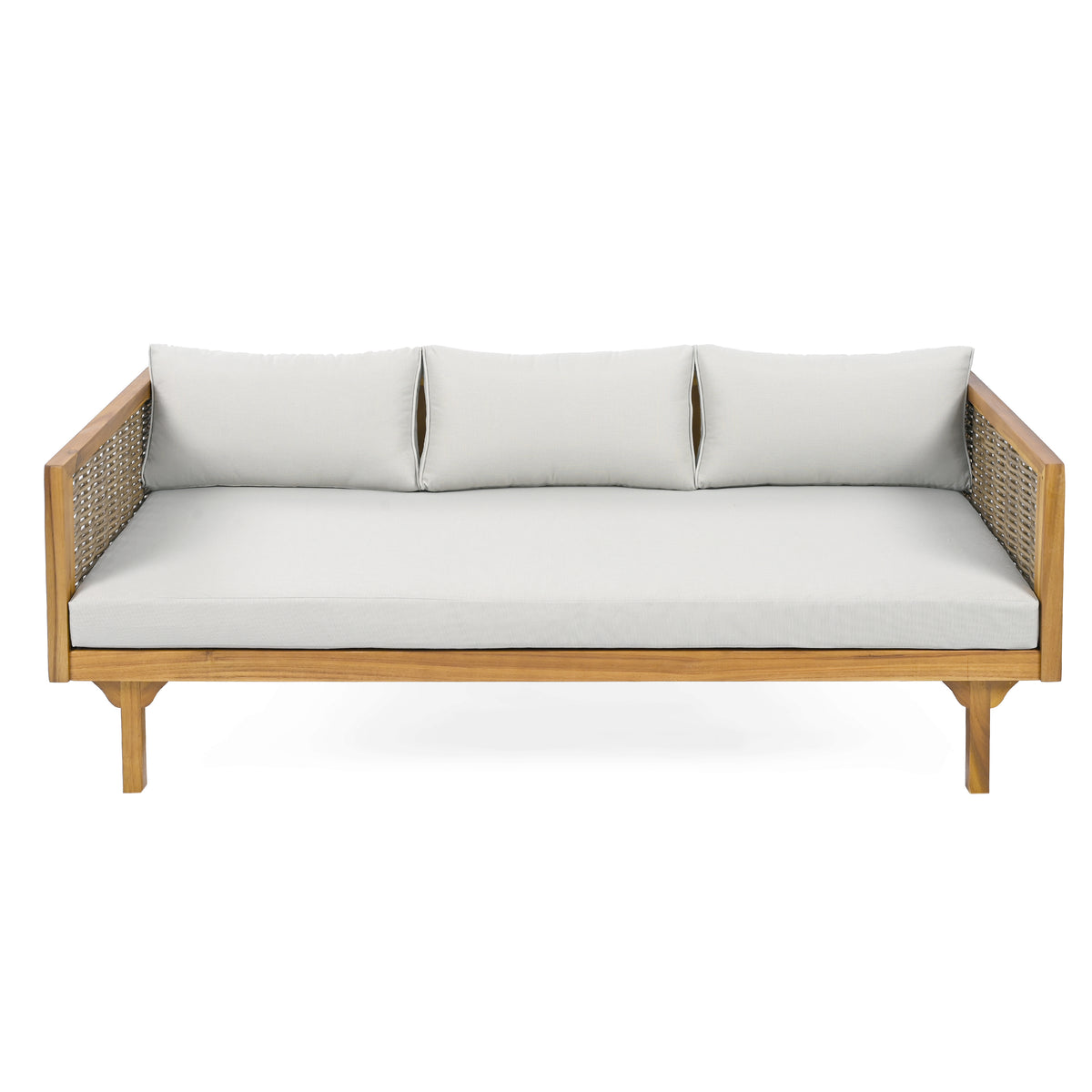 Teak Finish Solid Wood Outdoor Daybed, Light Gray Cushion