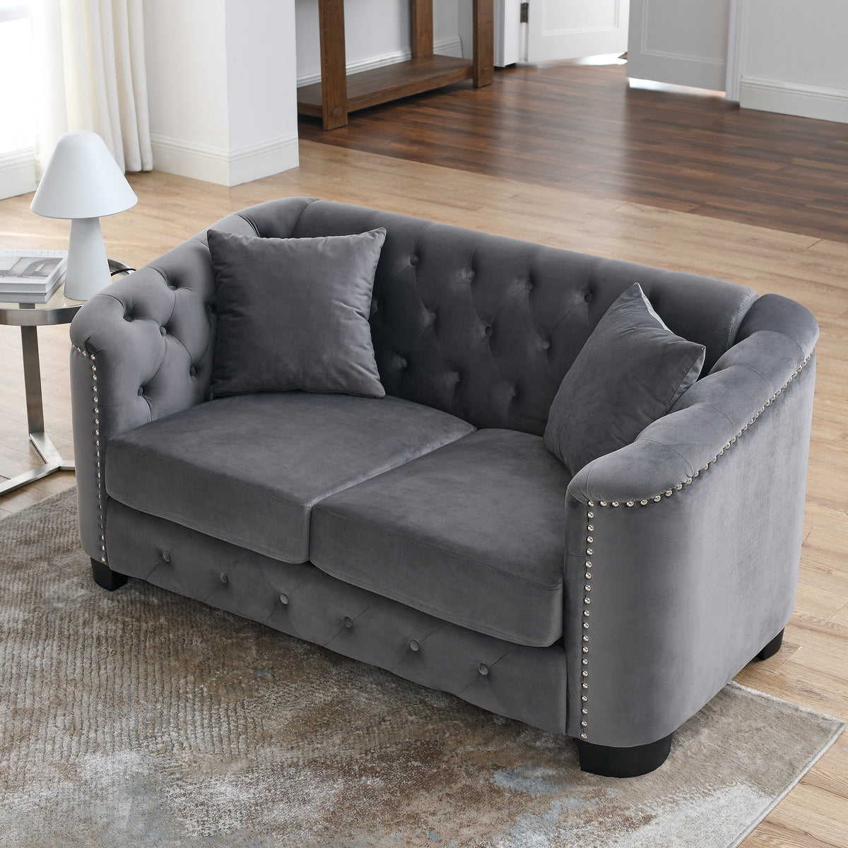 Gray Velvet 2-Seat Tufted Chesterfield Sofa, 59 in Wide
