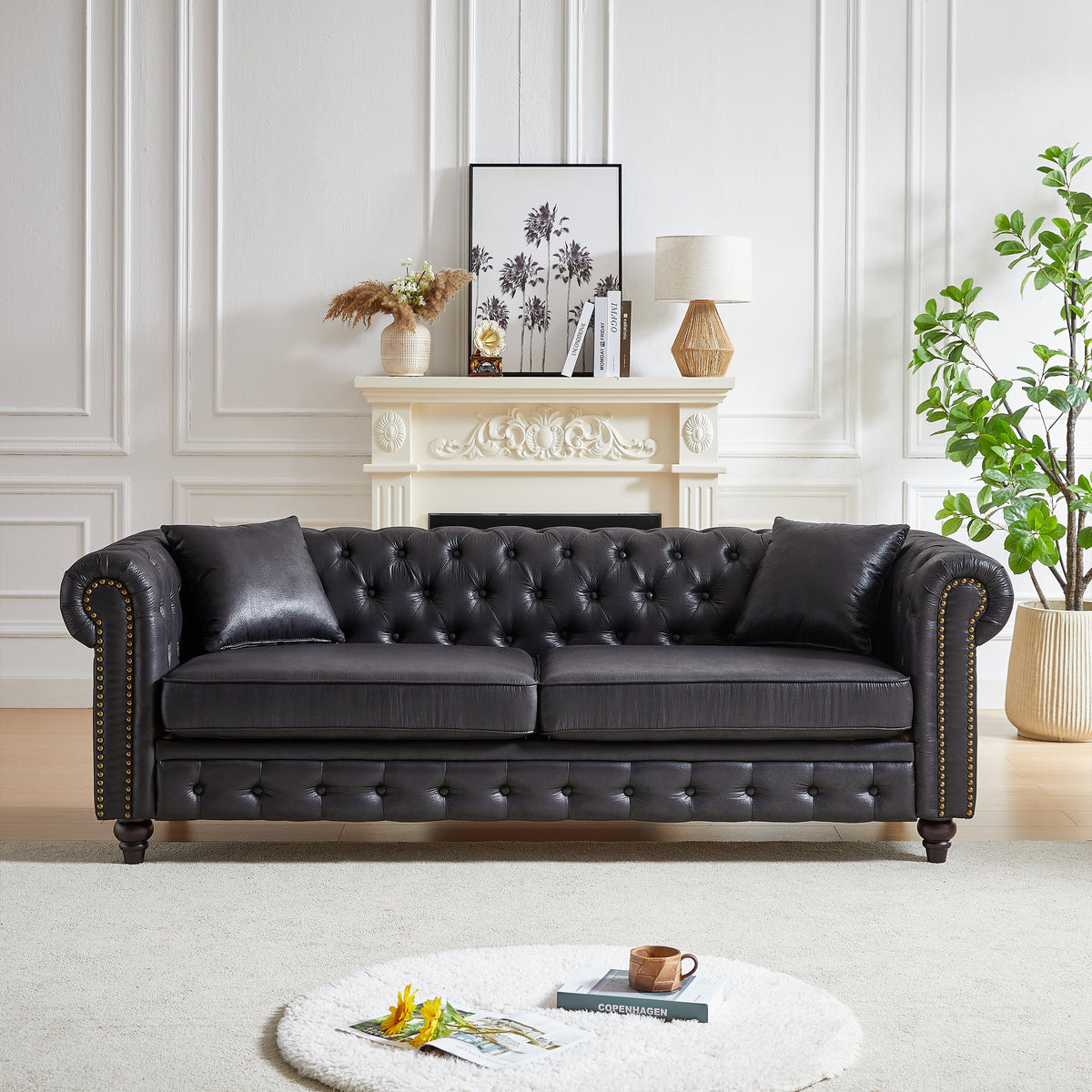 Black 3-Seat Tufted Chesterfield Sofa, 85.5 in Wide