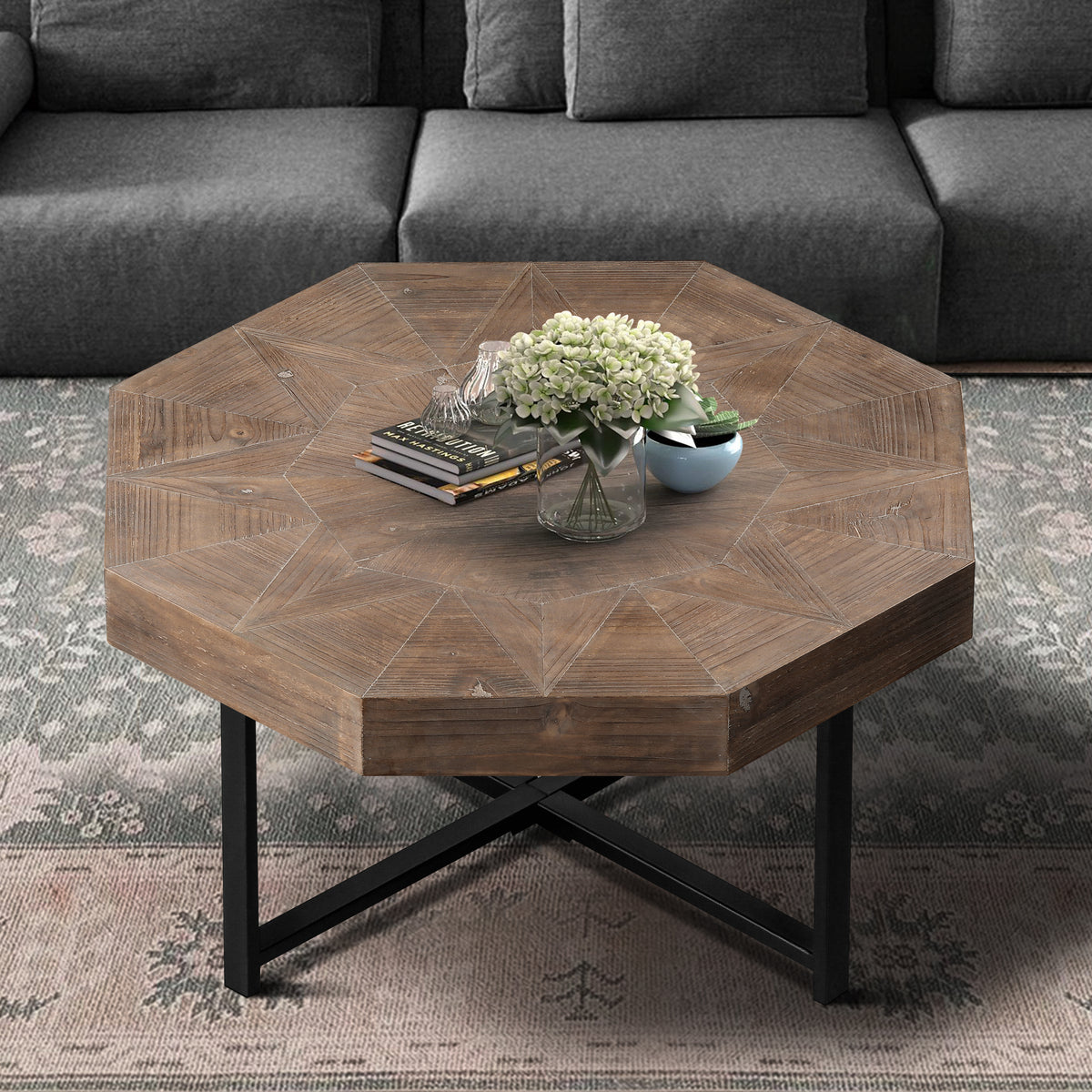 Brown Farmhouse Octagonal Patchwork Coffee Table, 29.1 in