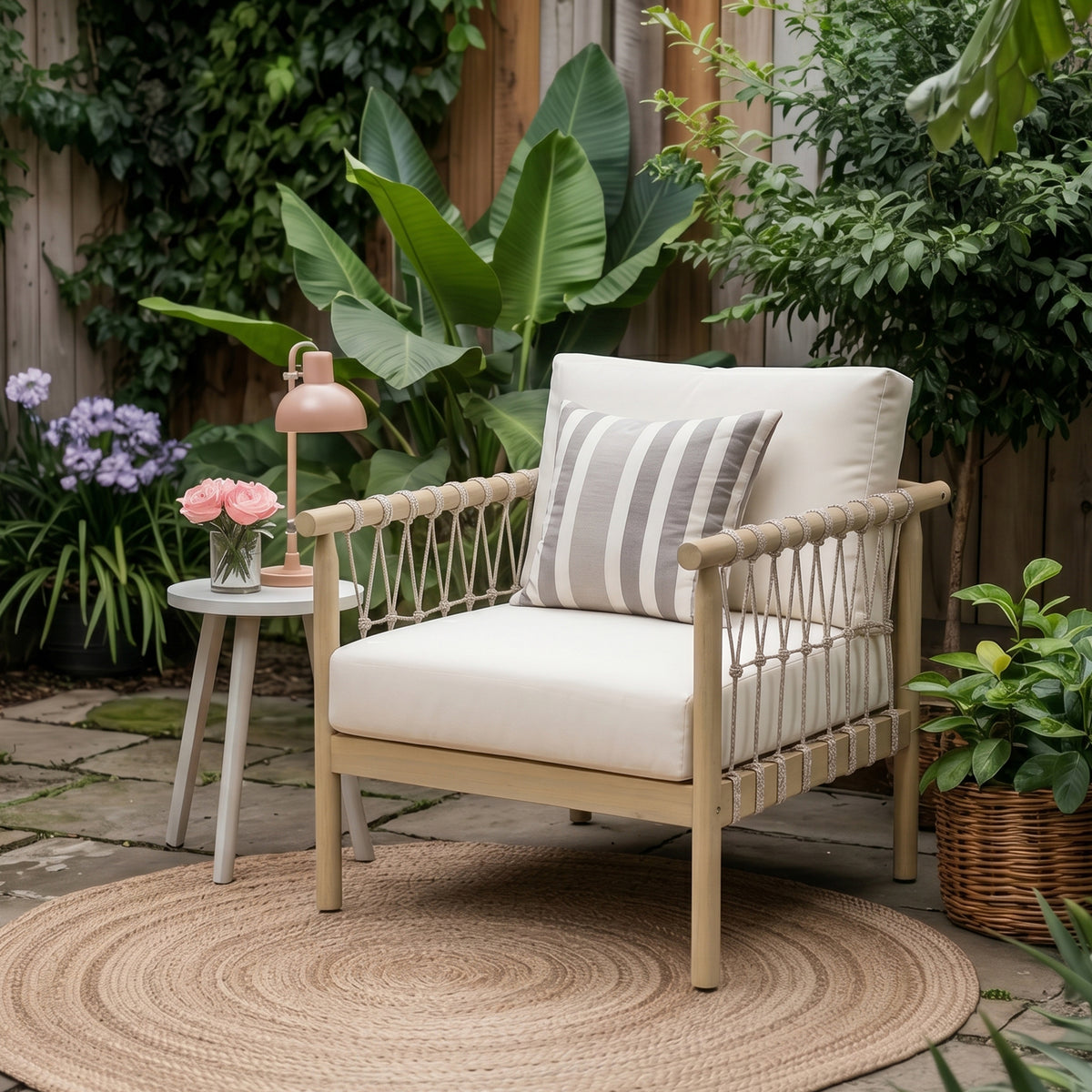 Light Teak Finish Solid Wood Outdoor Lounge Chair, Rope Weave