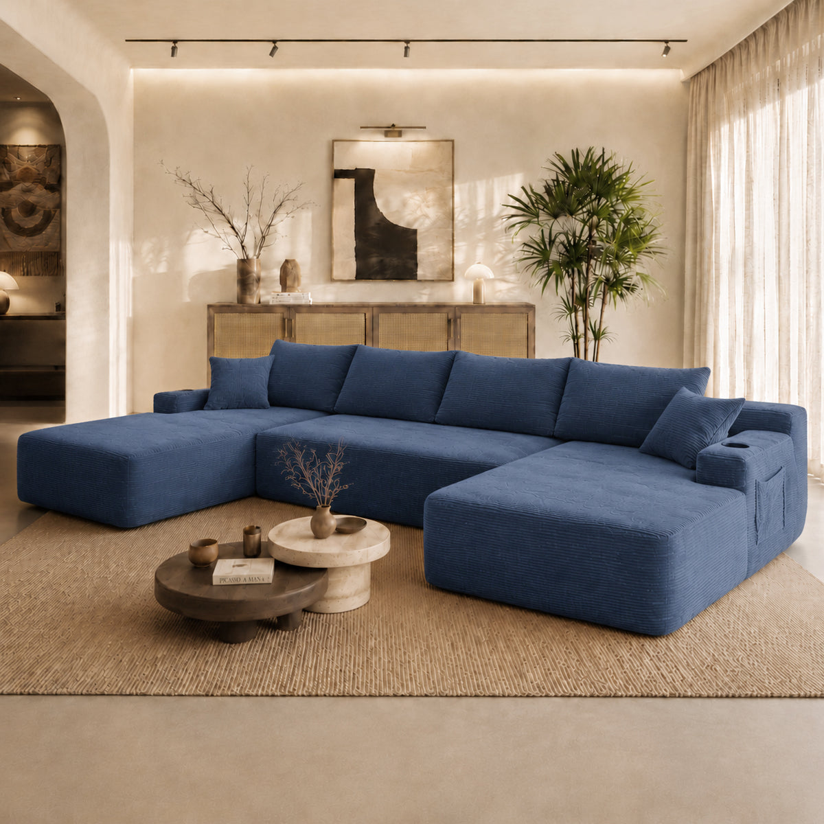 Blue Corduroy U-Shaped Modular Sectional, 126 in Wide