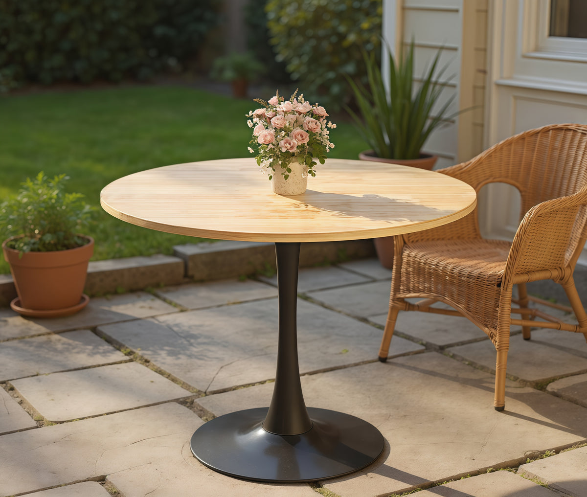 Natural wood round bistro table with pink flowers on a stone patio beside a wicker chair