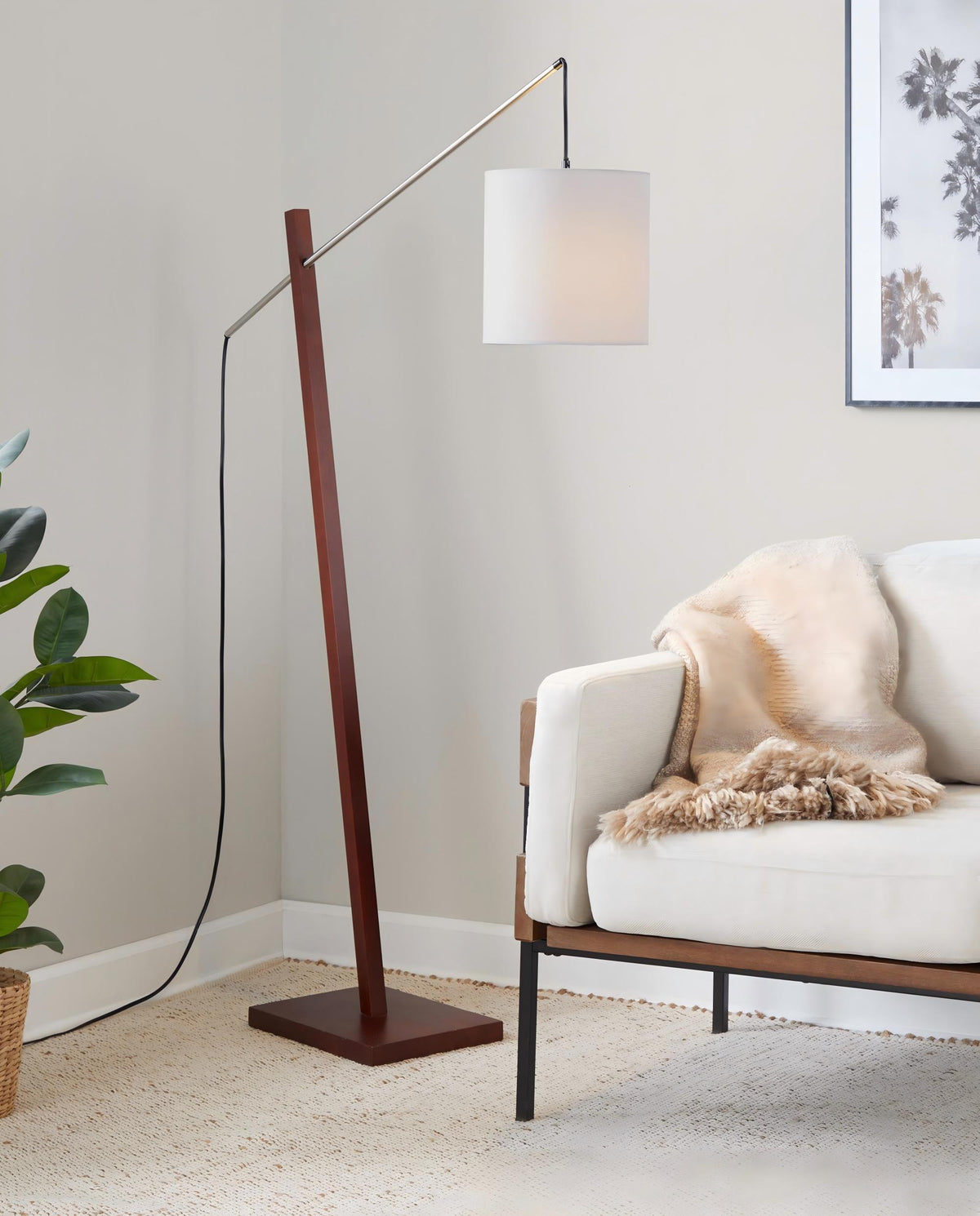 Contemporary Floor Lamp with White Fabric Shade in Walnut Wood