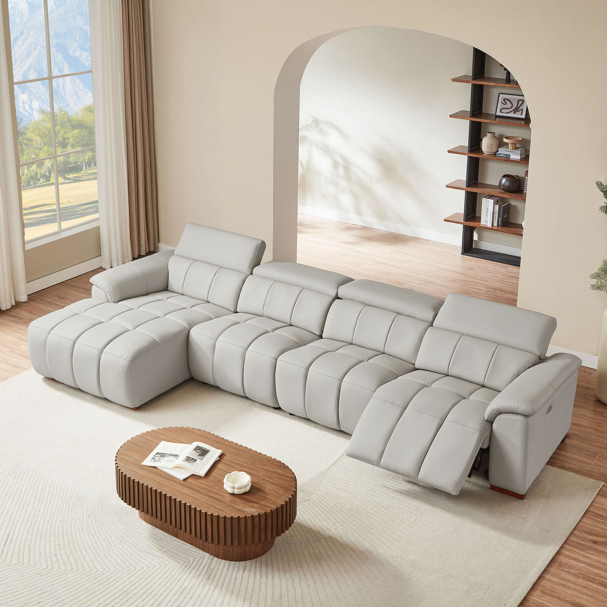 Light Gray Genuine Leather Reclining Sectional, 144.9 in, Left-Facing
