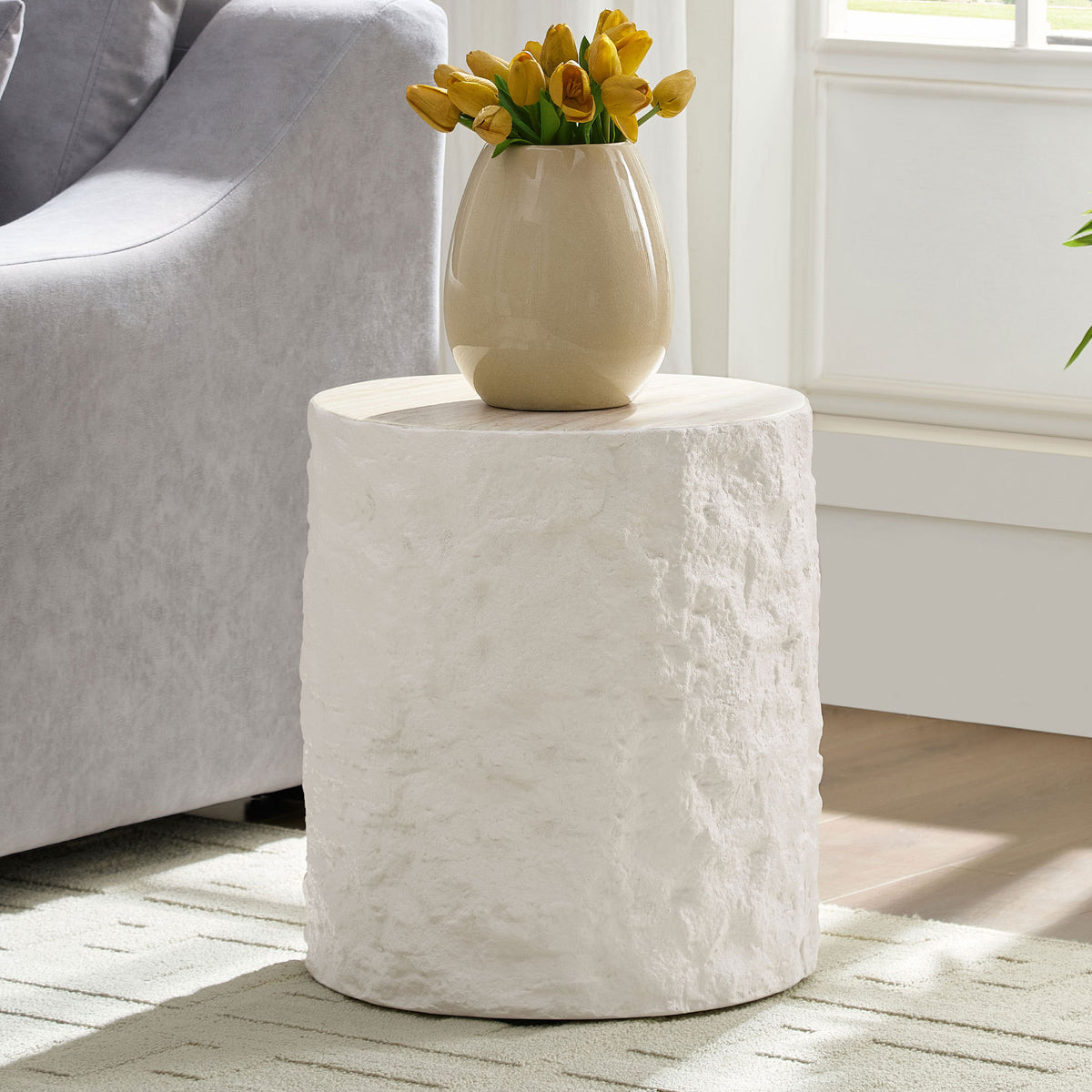 White Fiberglass Stone-Look Round Drum Side Table, 15.8 in