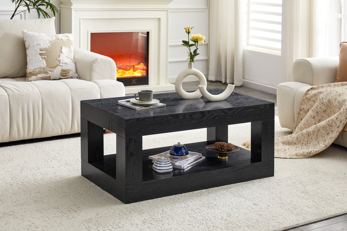 Black Wood-Grain Chunky Rectangular Coffee Table with Shelf, 39.5 in