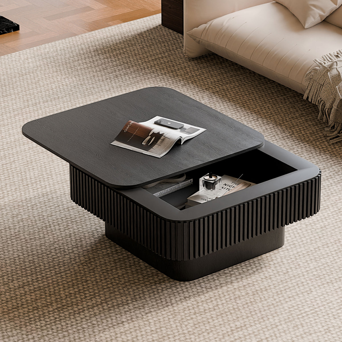 Black Fluted Square Pedestal Coffee Table with Storage, 31.5 in