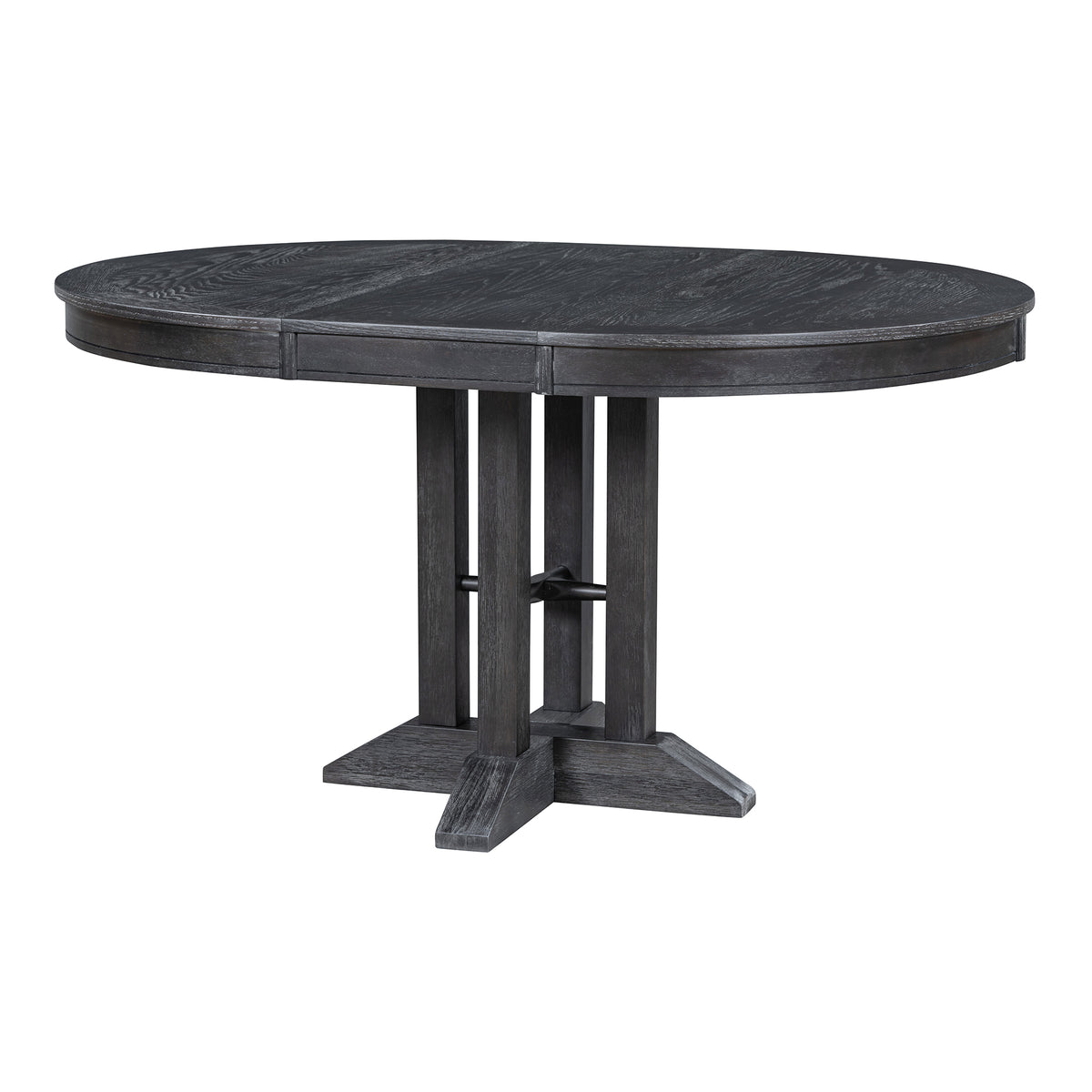 Black round extendable dining table extended to an oval, three-quarter view on white studio background