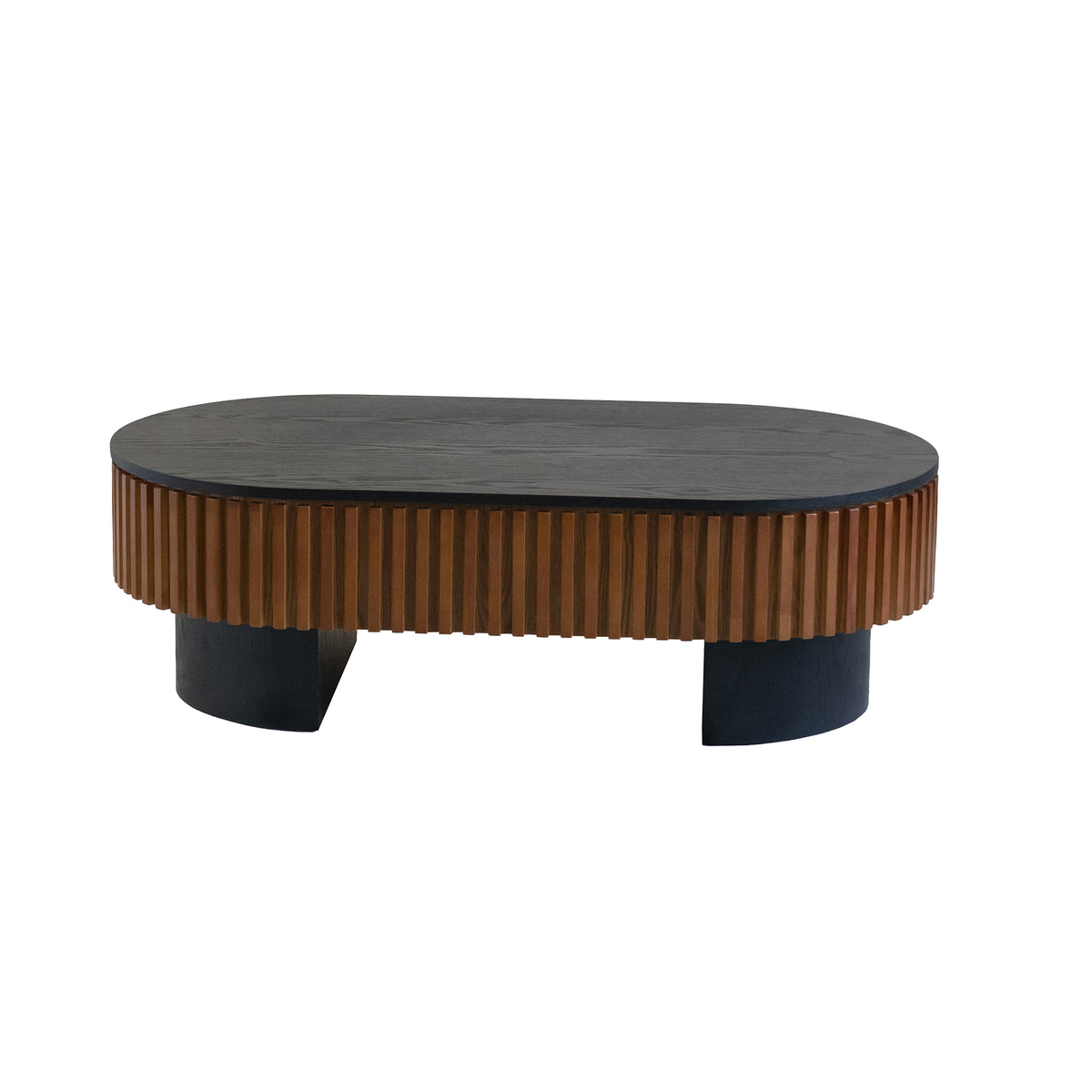 Black and Walnut Fluted Oval Coffee Table with Storage, 43.7 in