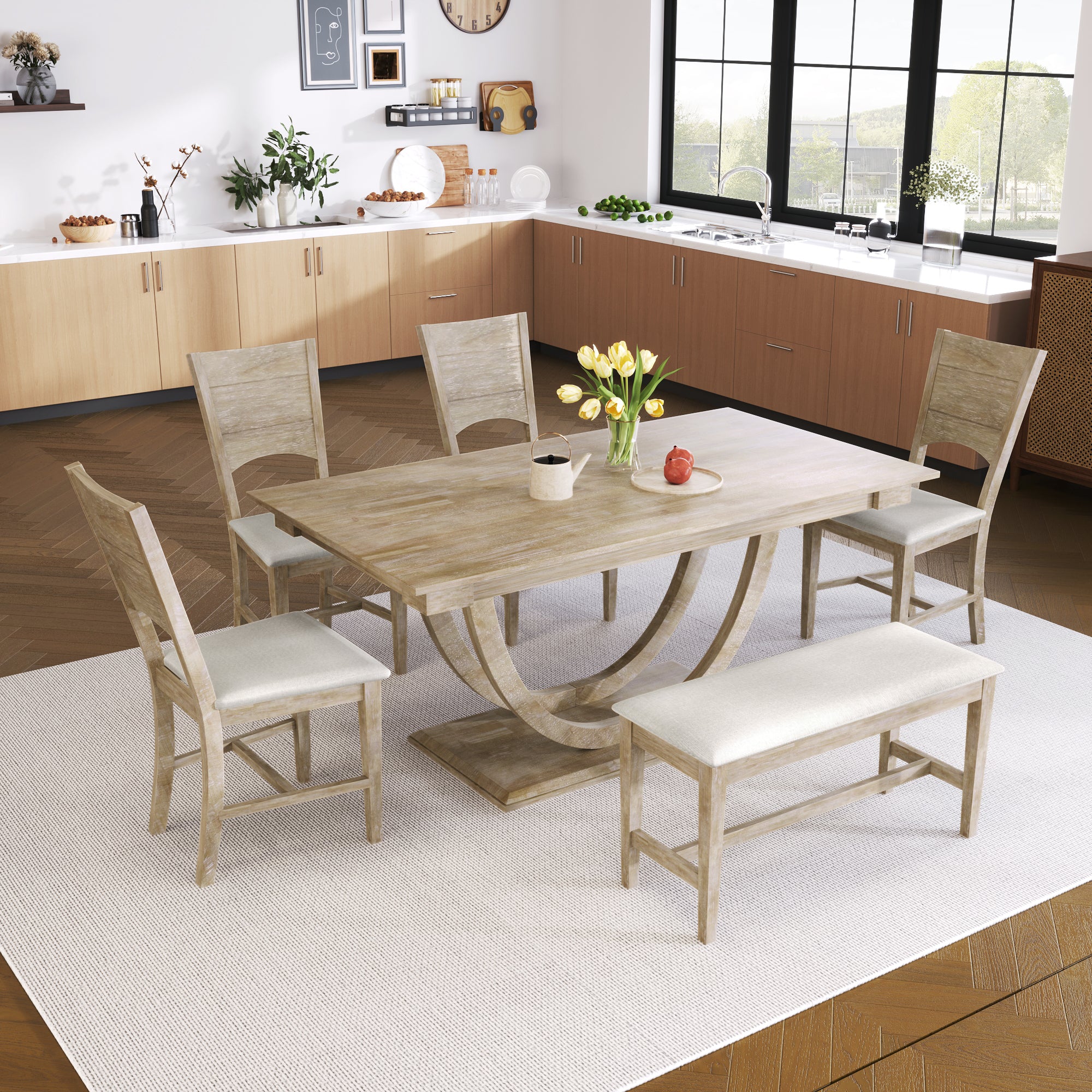 6-Piece Dining Set for 6, Solid Wood Table, 4 Linen Chairs and Bench