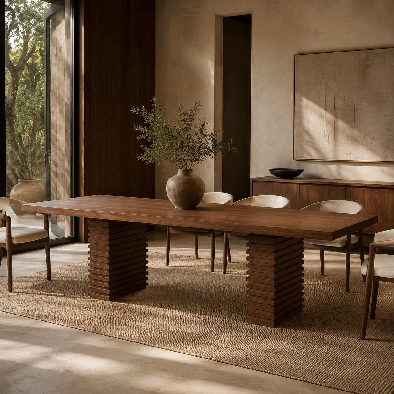 Double Pedestal Dining Table, 95 Inch - Walnut Finish, Seats 6