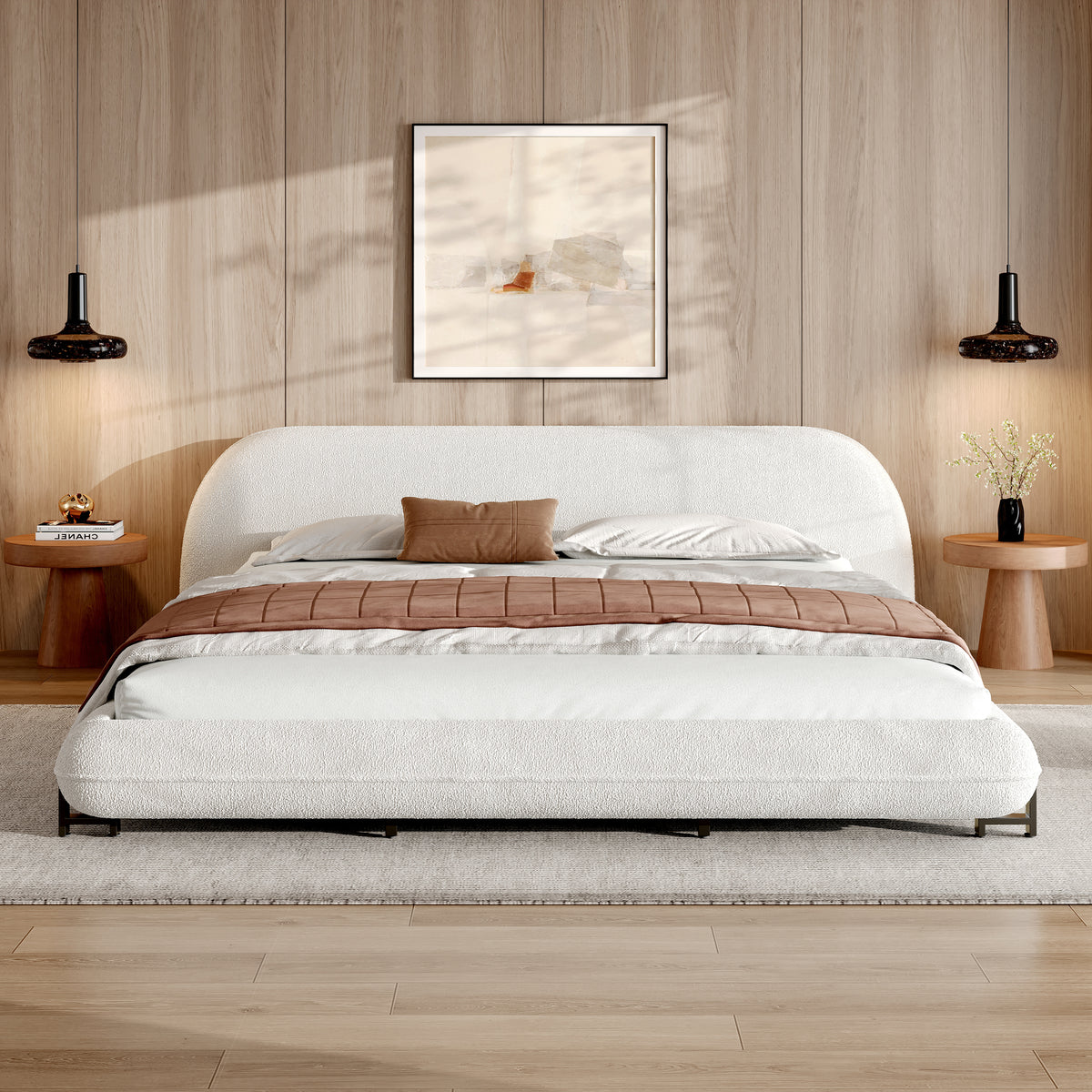 King Boucle Upholstered Bed Frame with Thick Headboard, White