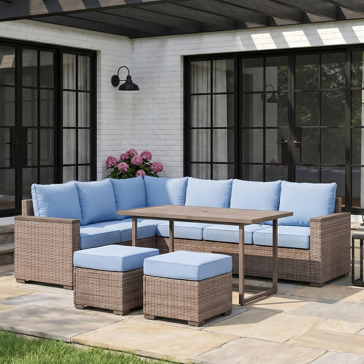 Blue Wicker Outdoor Sectional Set
