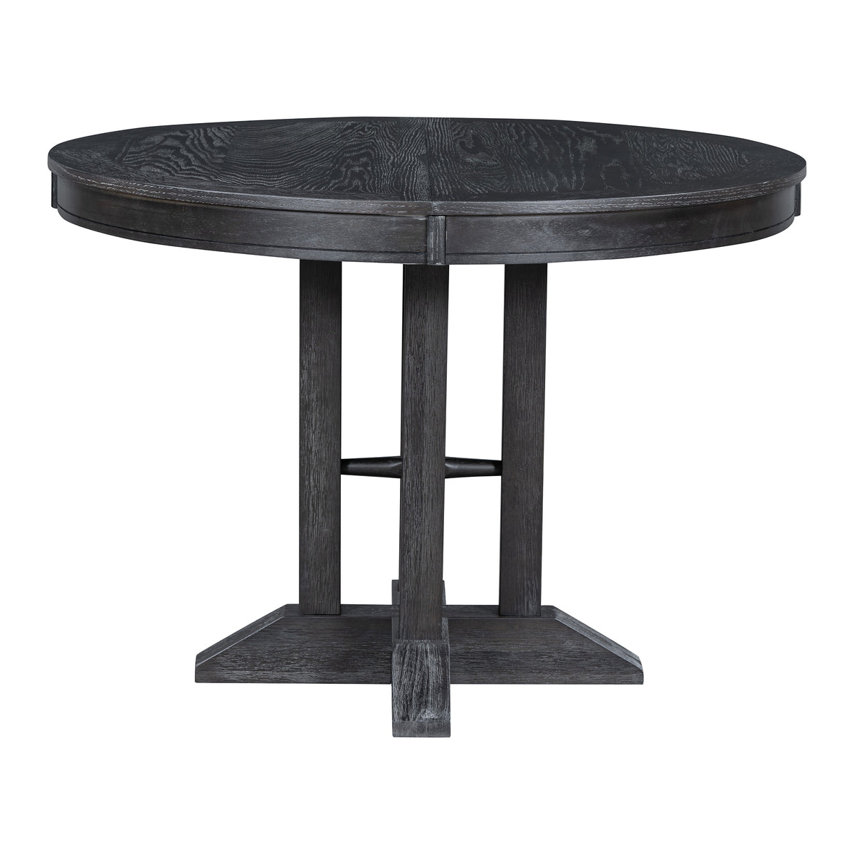 Black round dining table unextended, front elevation on plain white background