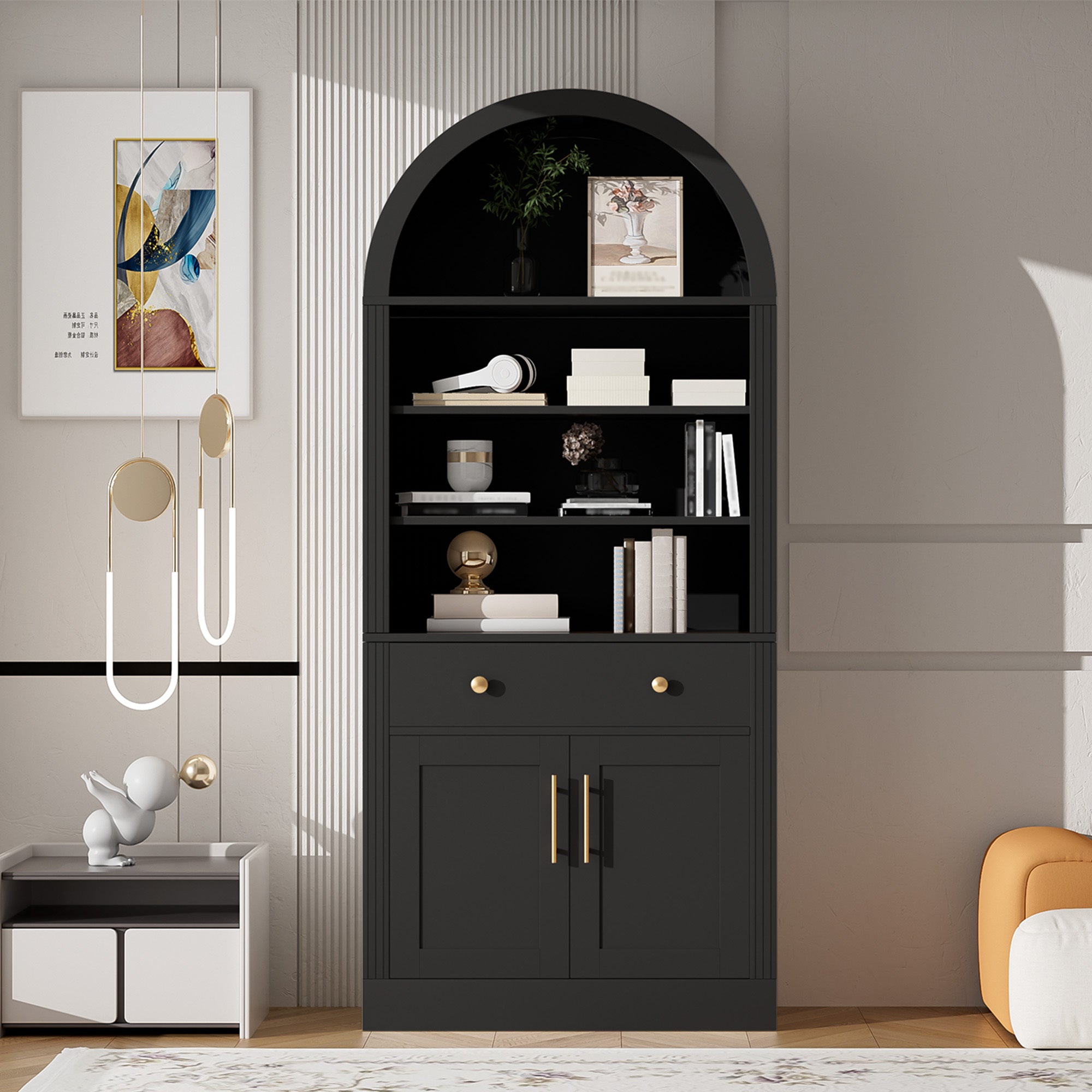 Arched Storage Cabinet, 1 Drawer, Doors, 70.9 in Tall