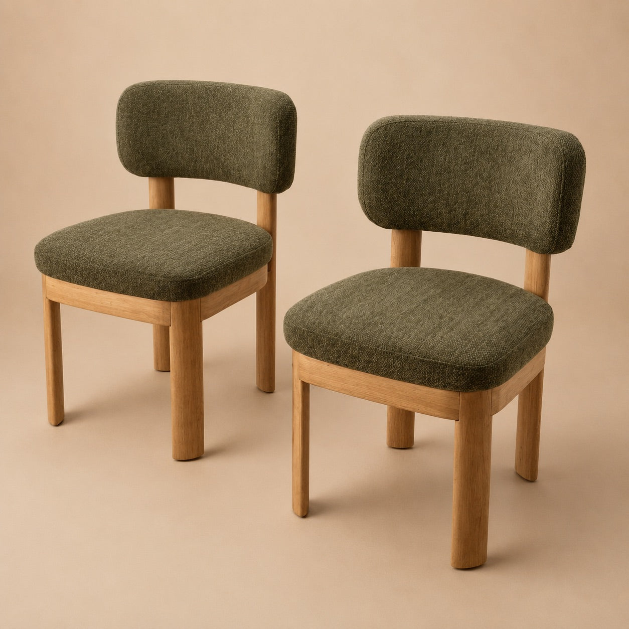Solid Wood Green Upholstered Dining Chairs - Mid Century Modern Set of 2