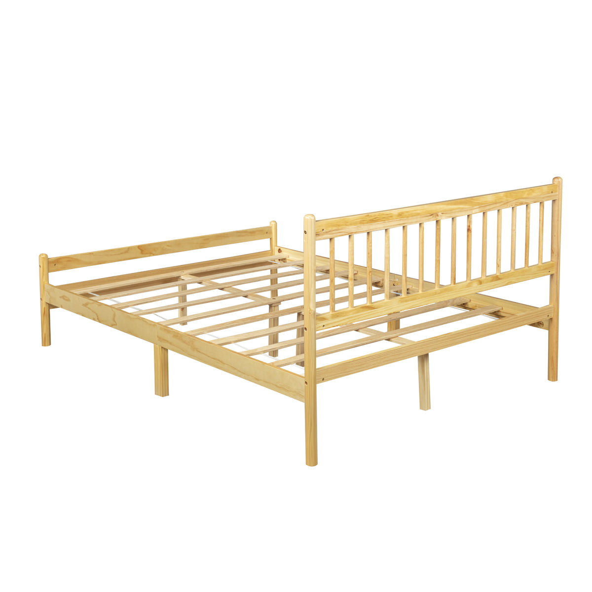 Angled full view of the empty natural pine bed frame with headboard and footboard