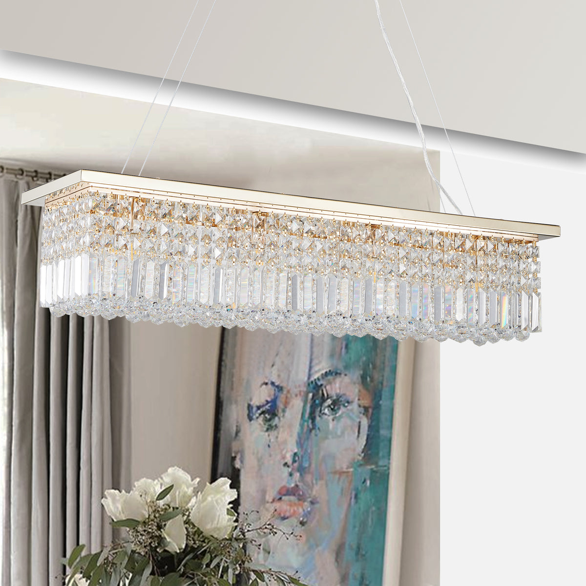 Chandelier, 8-Light Rectangular Raindrop Crystal, Gold