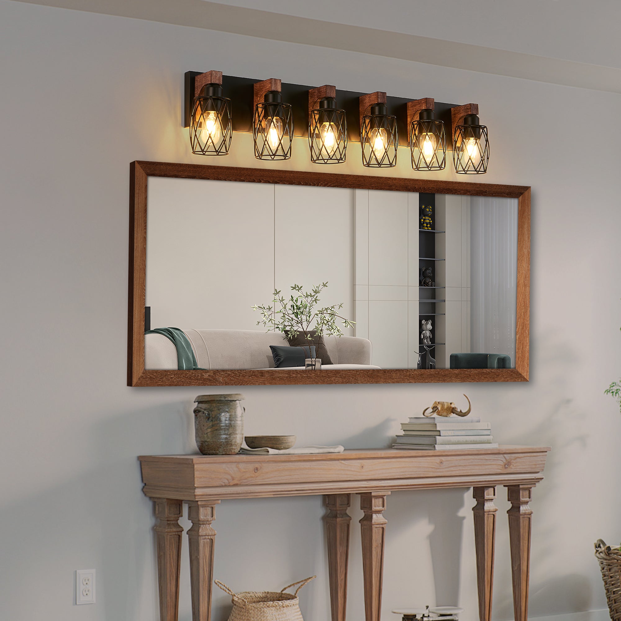Wall Sconce, 6-Light Industrial Iron Cage, Walnut Finish