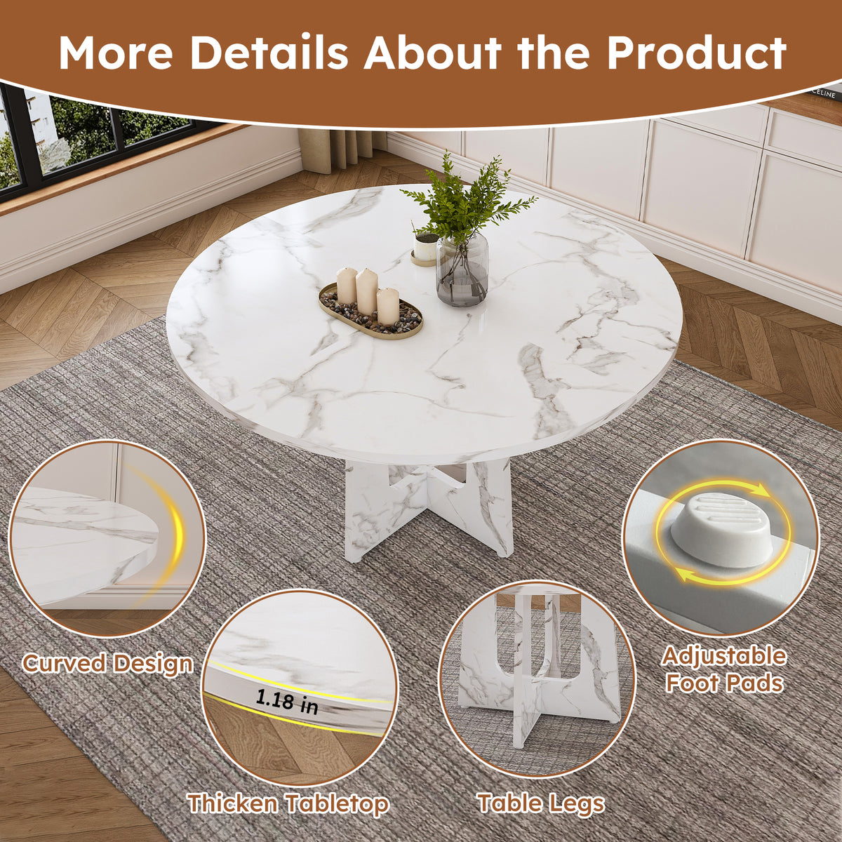 Feature graphic detailing the table's curved design, thick top, cutout legs and adjustable foot pads