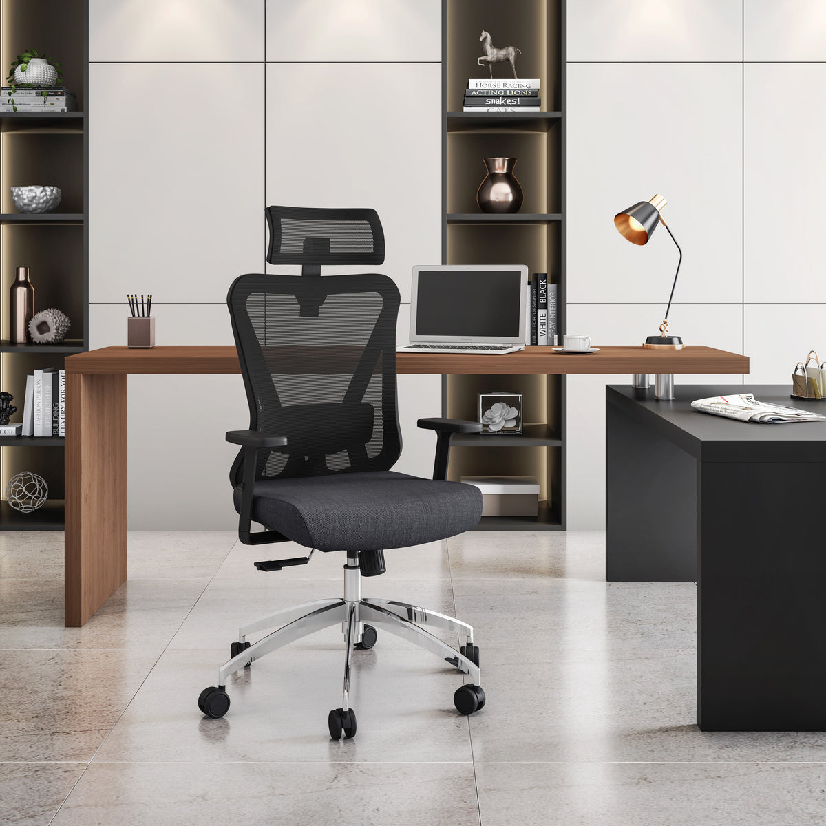 Black Mesh Office Chair with Chrome Base, Lumbar Support, 250 lb