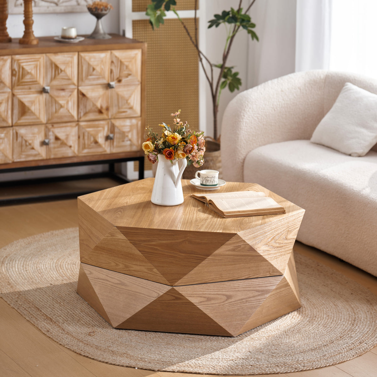 Natural Geometric Hexagon Coffee Table with Flip-Top Storage, 36.6 in