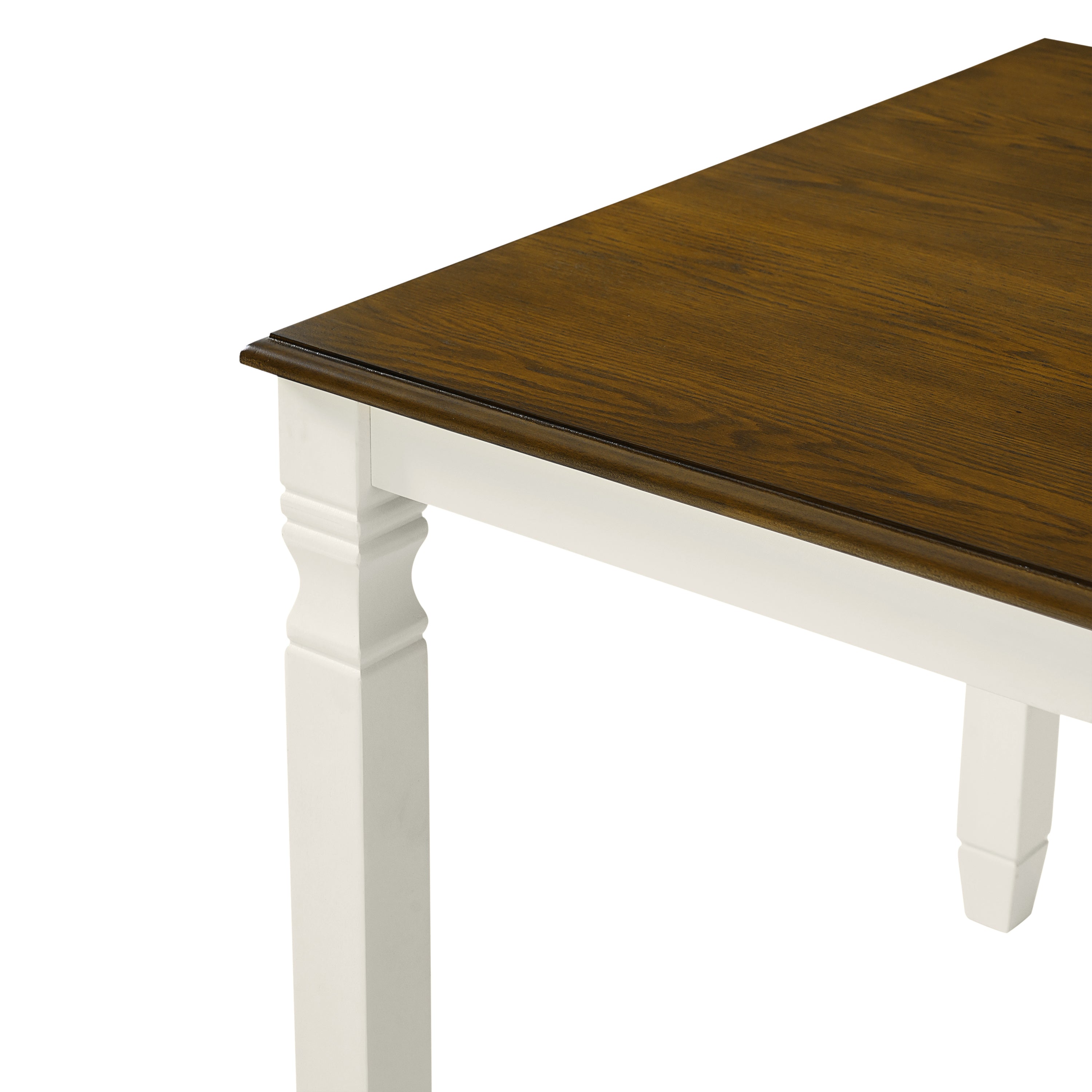 Close-up of the two-tone dining table corner showing brown top edge and white apron on white background
