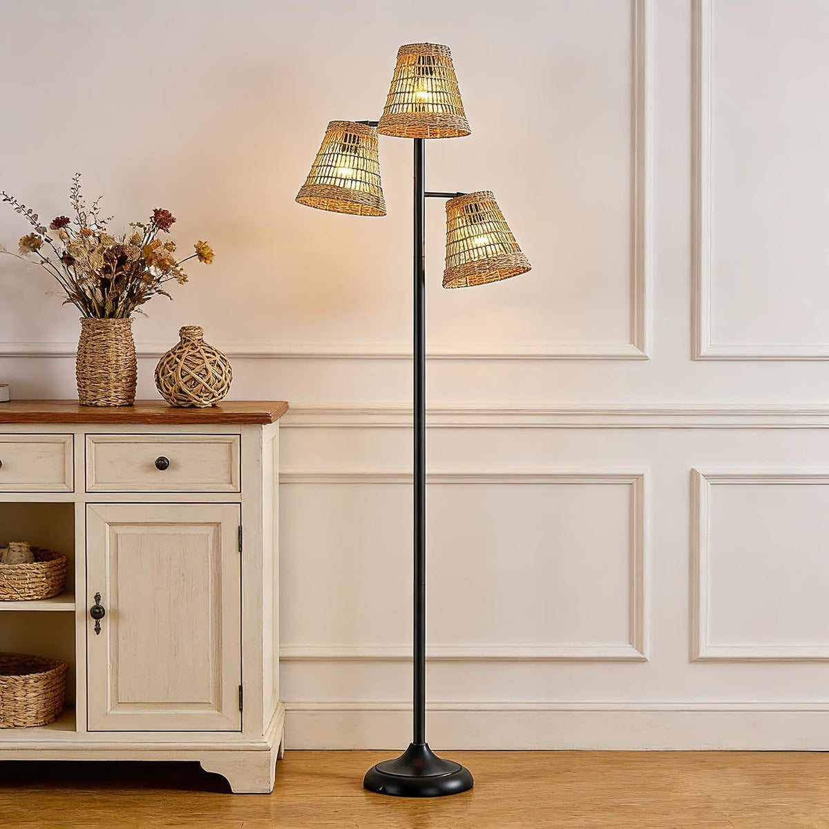 Black Farmhouse Floor Lamp, 72 in, Rattan and Metal