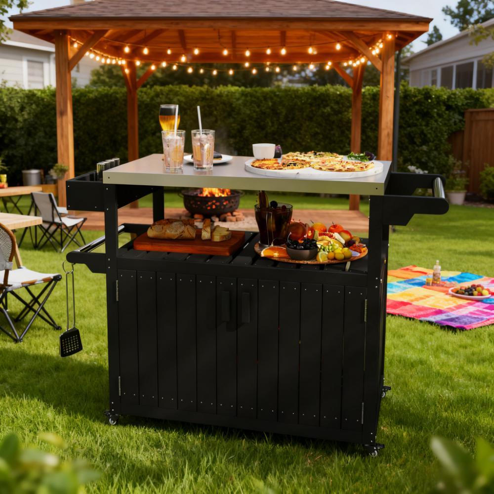 Black HDPE Outdoor Bar Cart with Storage, 45.7 in Wide