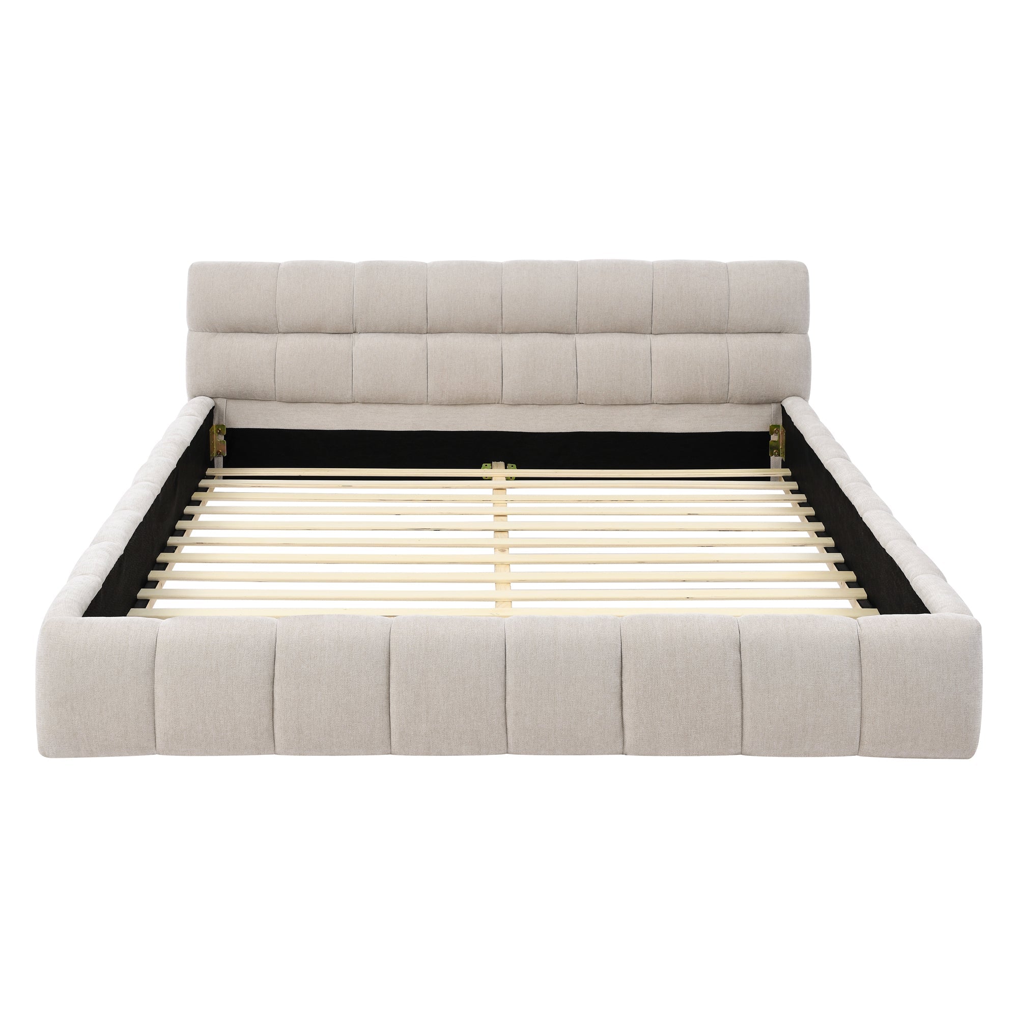 Beige chenille platform bed frame shown head-on on white, wood slats exposed, no mattress #Color_Beige