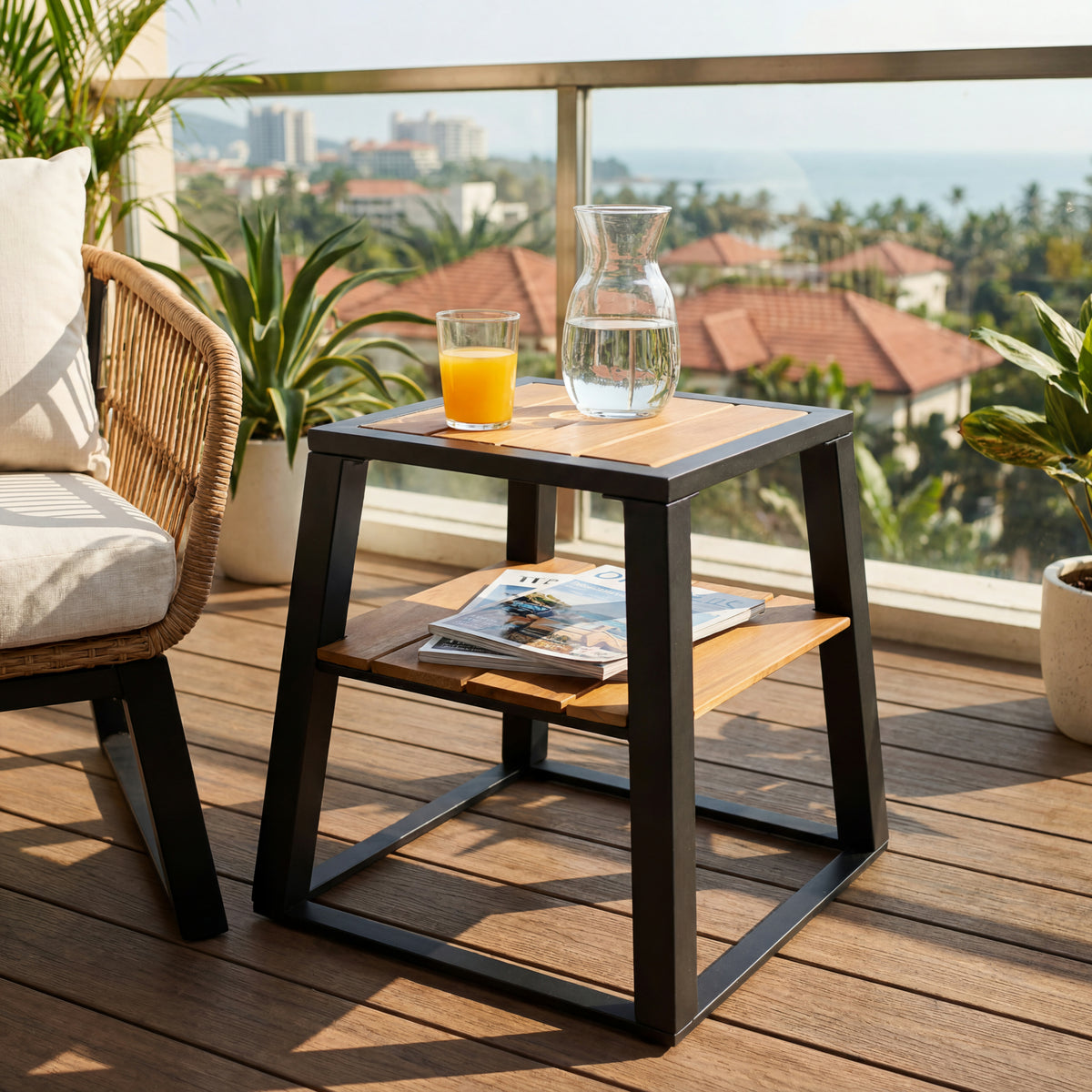 Black Metal Outdoor Side Table, with Shelves