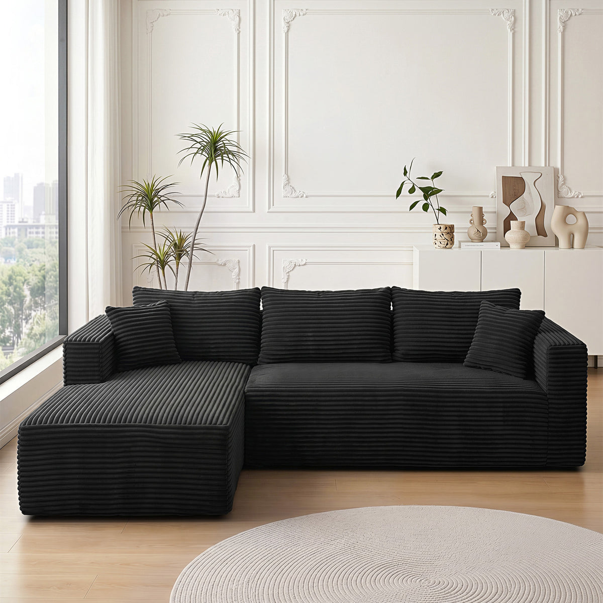 Black Corduroy Armless L-Shaped Sectional, 105 in Wide, Left-Facing