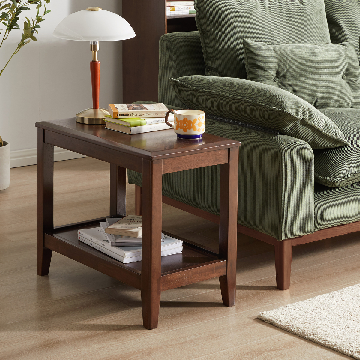 Walnut Solid Wood Narrow Side Table with Storage Shelf, 23.6 in