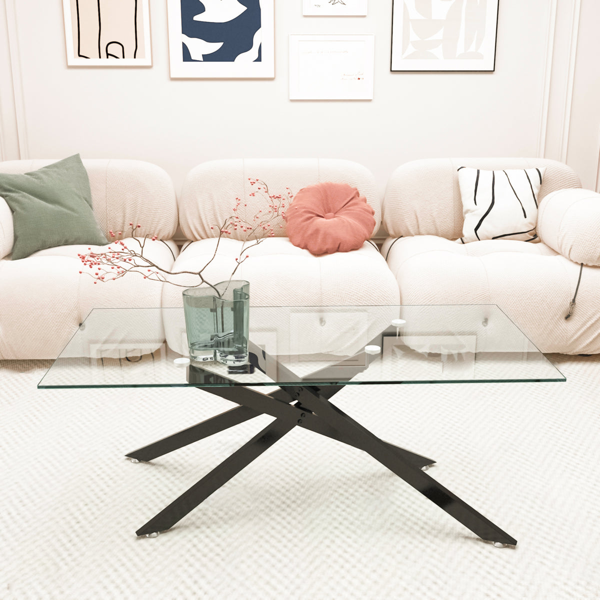 Black Glass-Top Rectangular Coffee Table with X-Base, 39.4 in