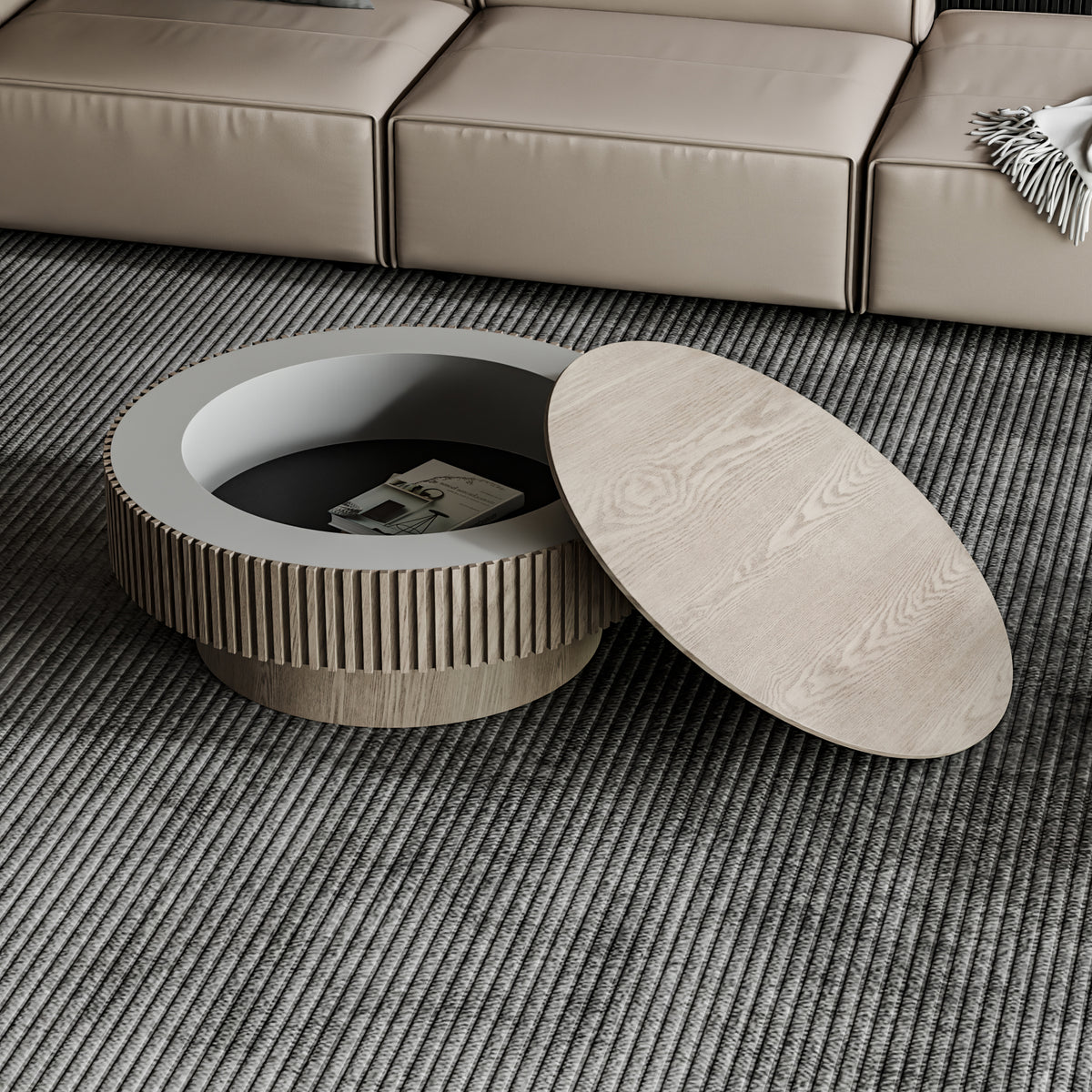 Gray Fluted Round Drum Coffee Table with Storage, 31.5 in