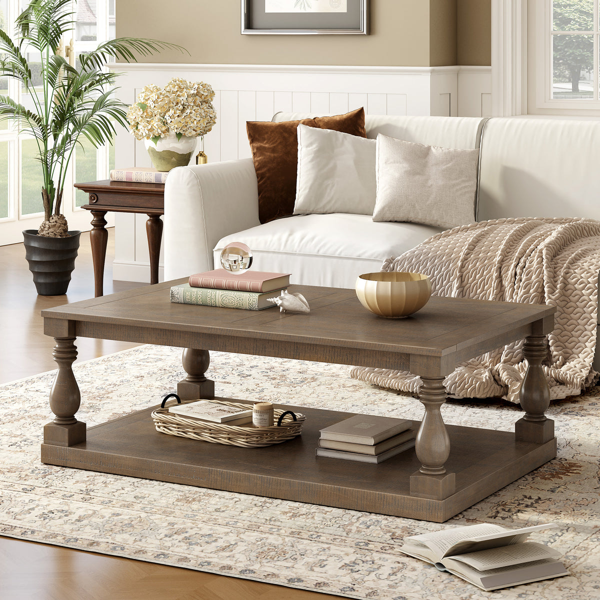 Brown Vintage Turned-Leg Rectangular Coffee Table with Shelf, 43.5 in