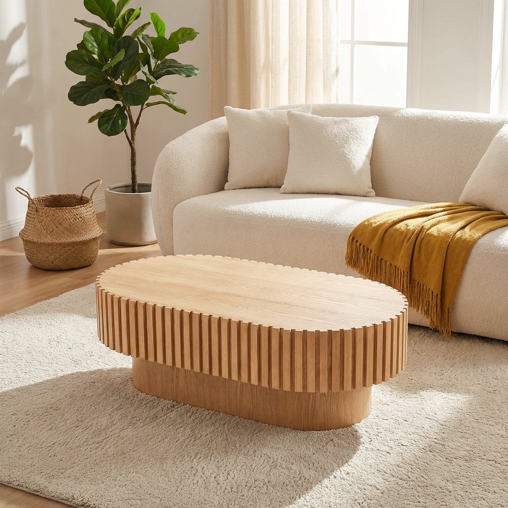 Natural Fluted Oval Pedestal Coffee Table, 43.1 in