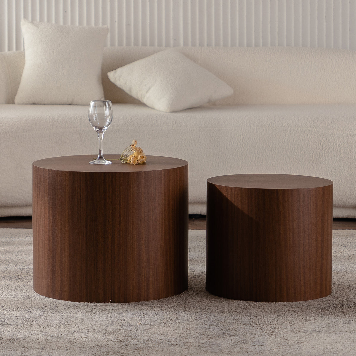 Walnut Round Drum Coffee Table, Set of 2, 18.9 in