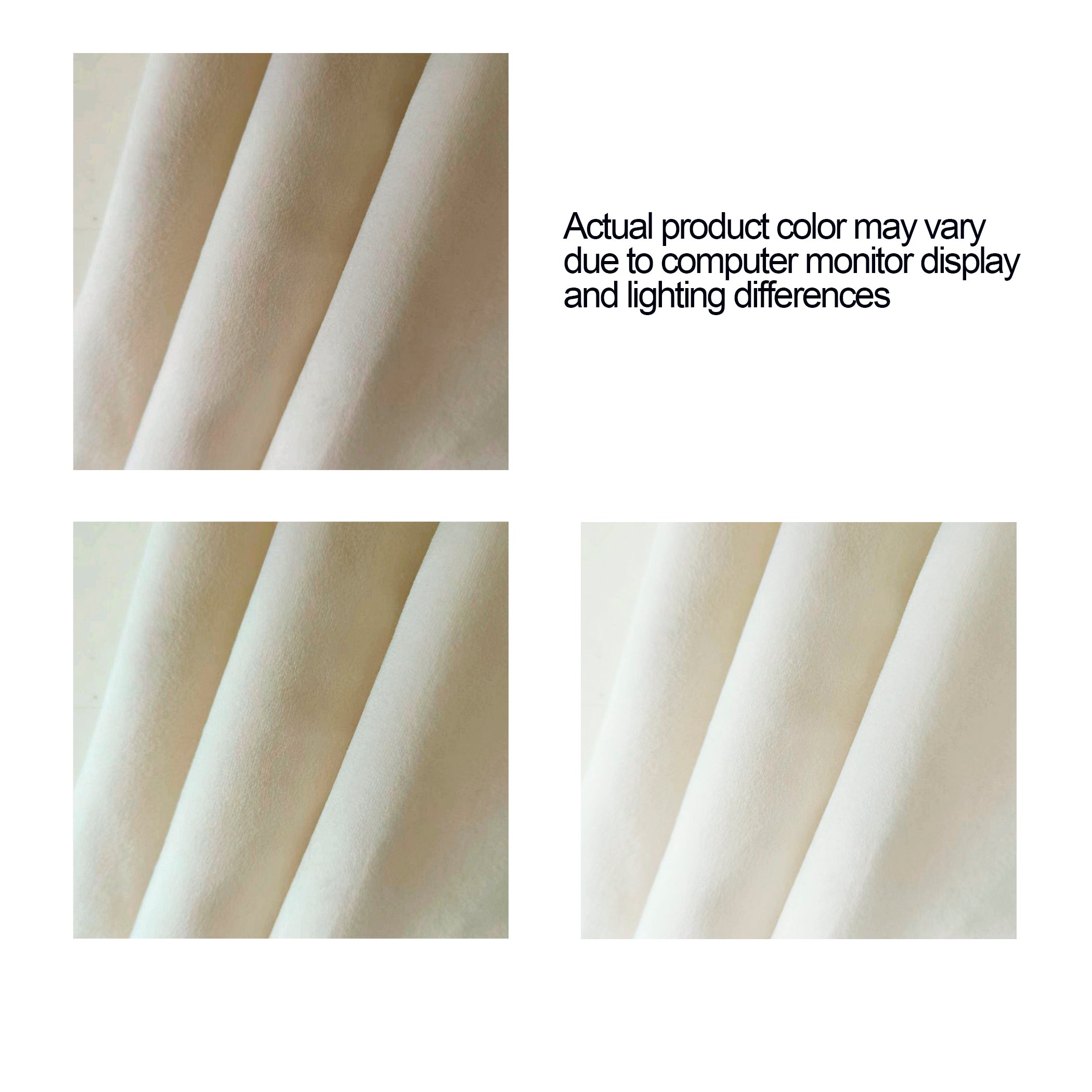 Four ivory velvet fabric swatches with a note that color may vary by monitor and lighting