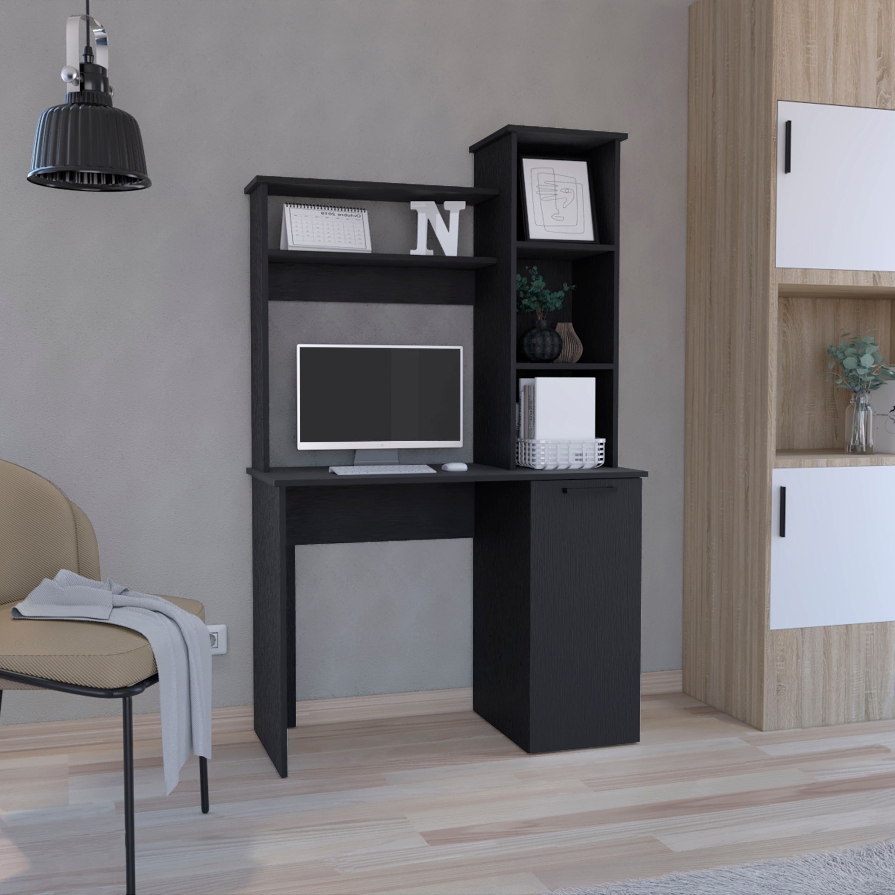 Computer Desk with Hutch, 3 Shelves, 38.7 in, Black, 64.2 in Tall