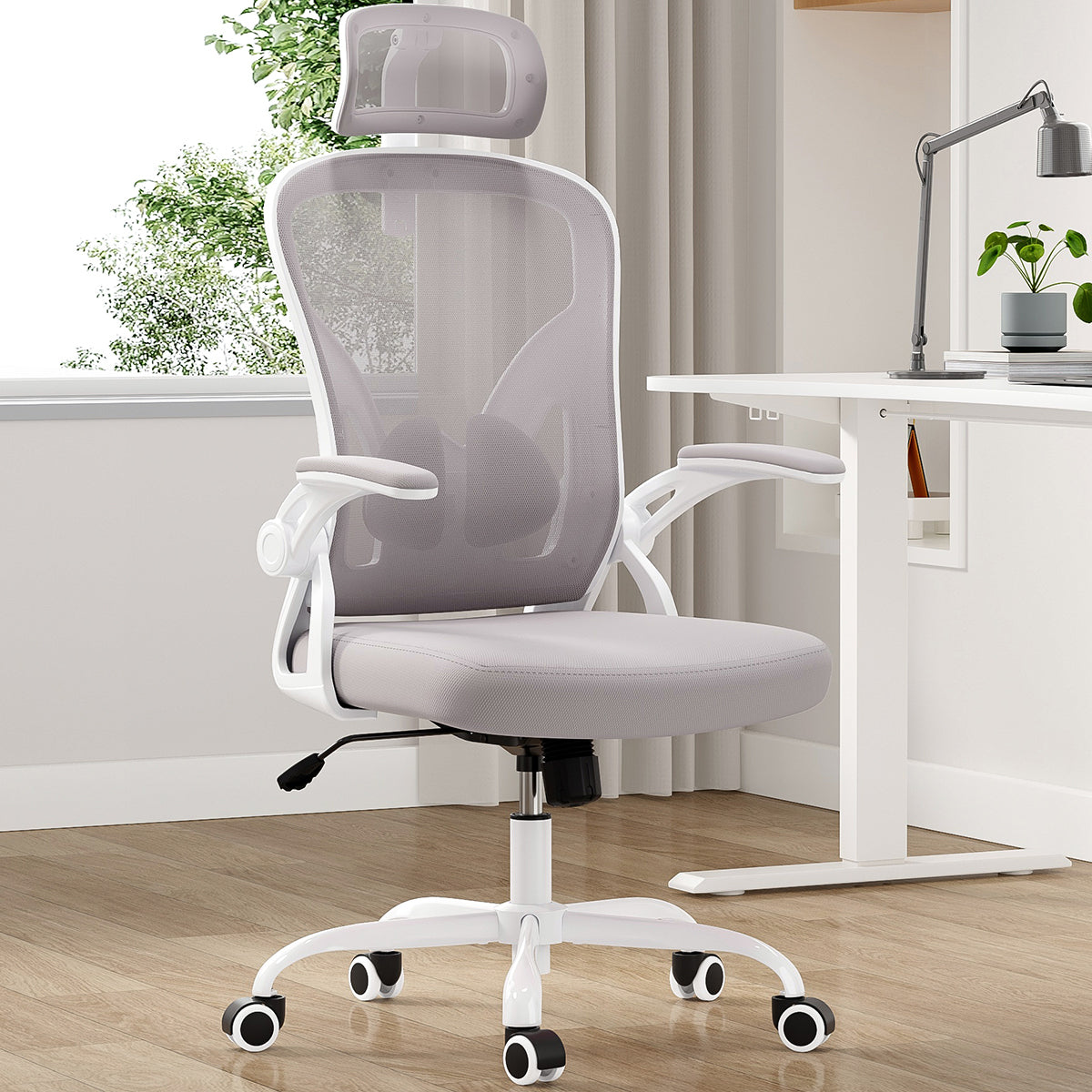 Gray Mesh Office Chair, Lumbar Support, 23.4 in Wide