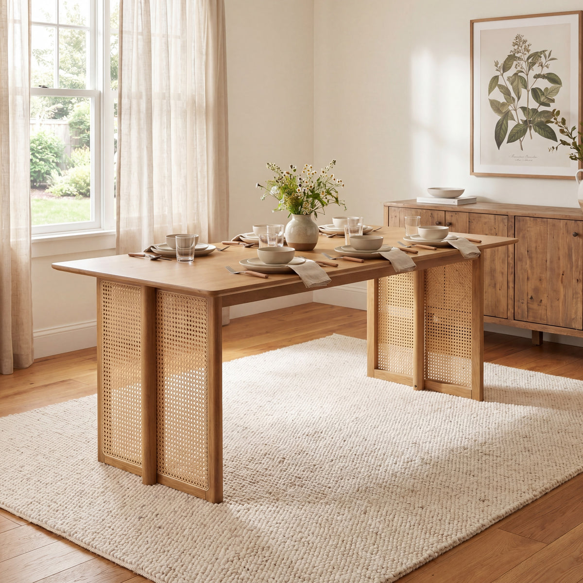 Overhead angled view of the natural solid wood dining table set for four in a sunlit dining room