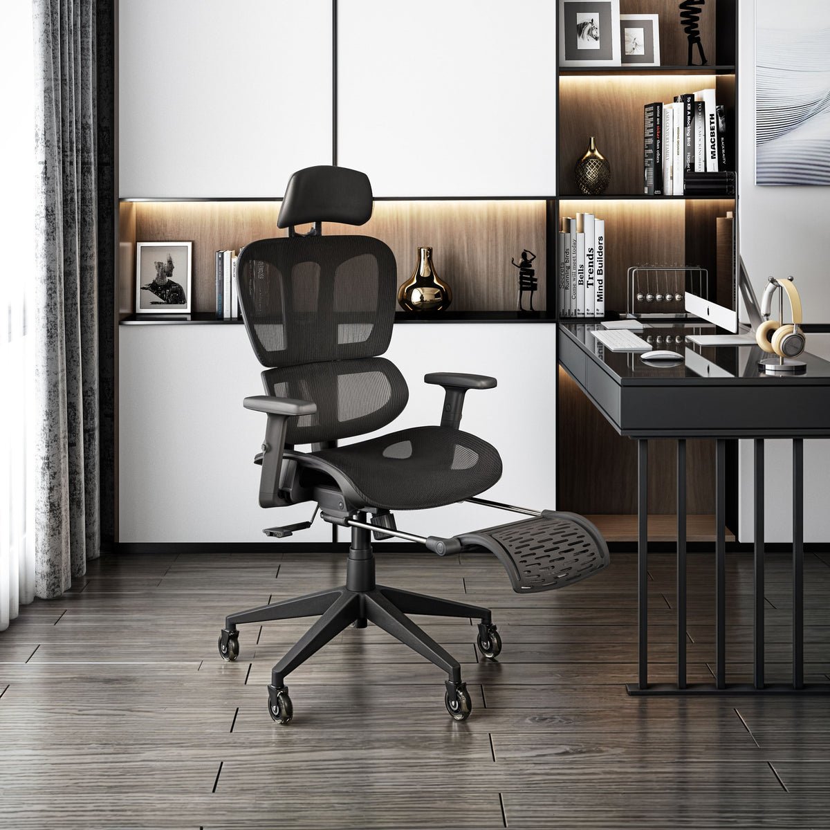 Black Mesh Office Chair, Footrest, Reclining
