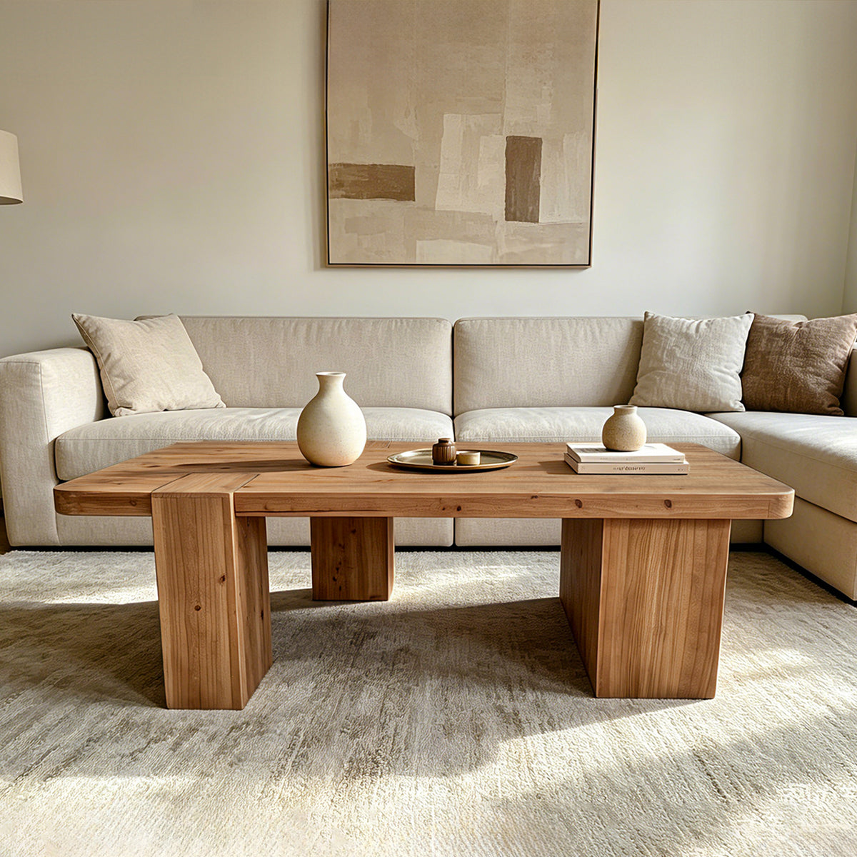 Natural Solid Wood Rustic Rectangular Coffee Table, 47.2 in