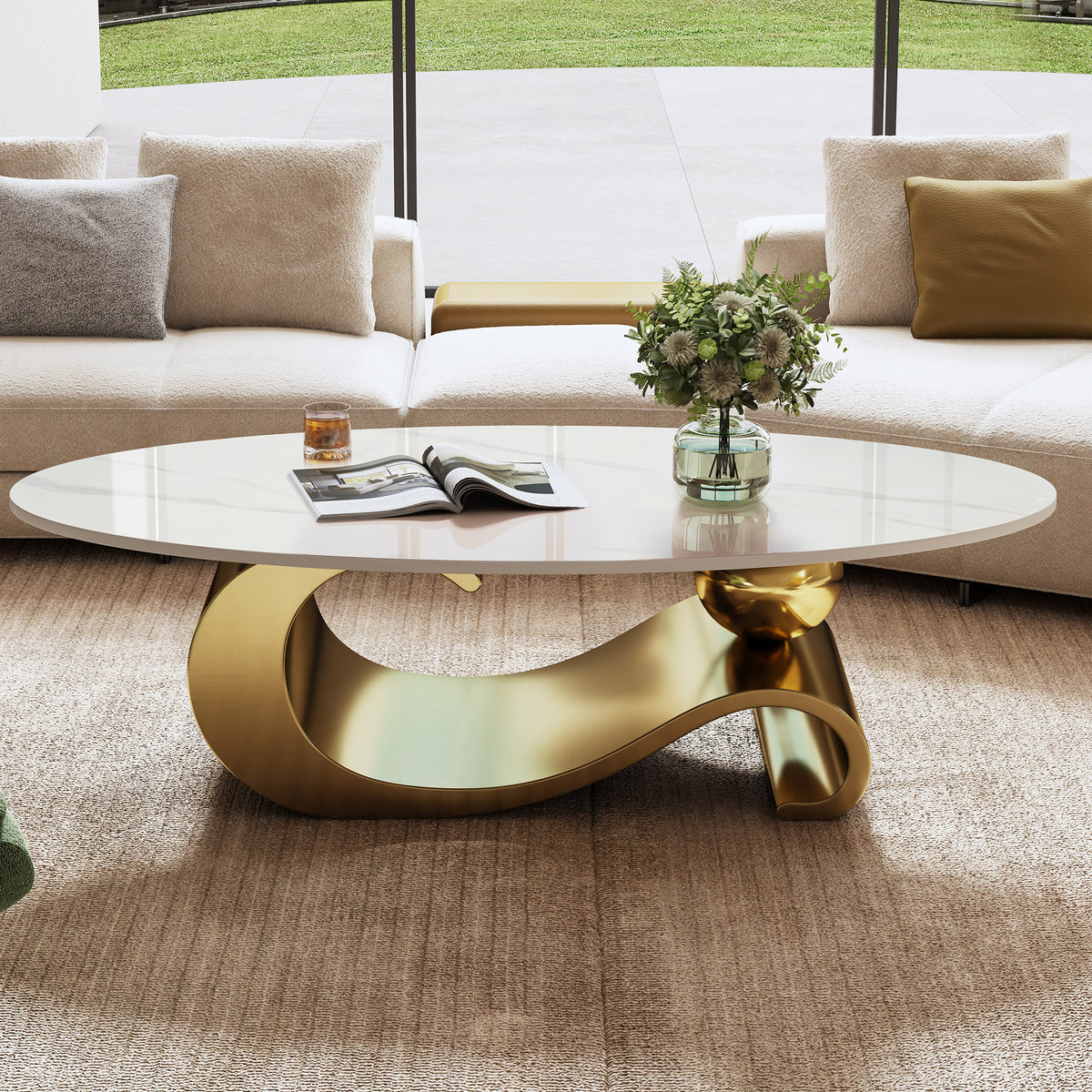 Gold Sintered Stone Sculptural Oval Coffee Table, 49.2 in